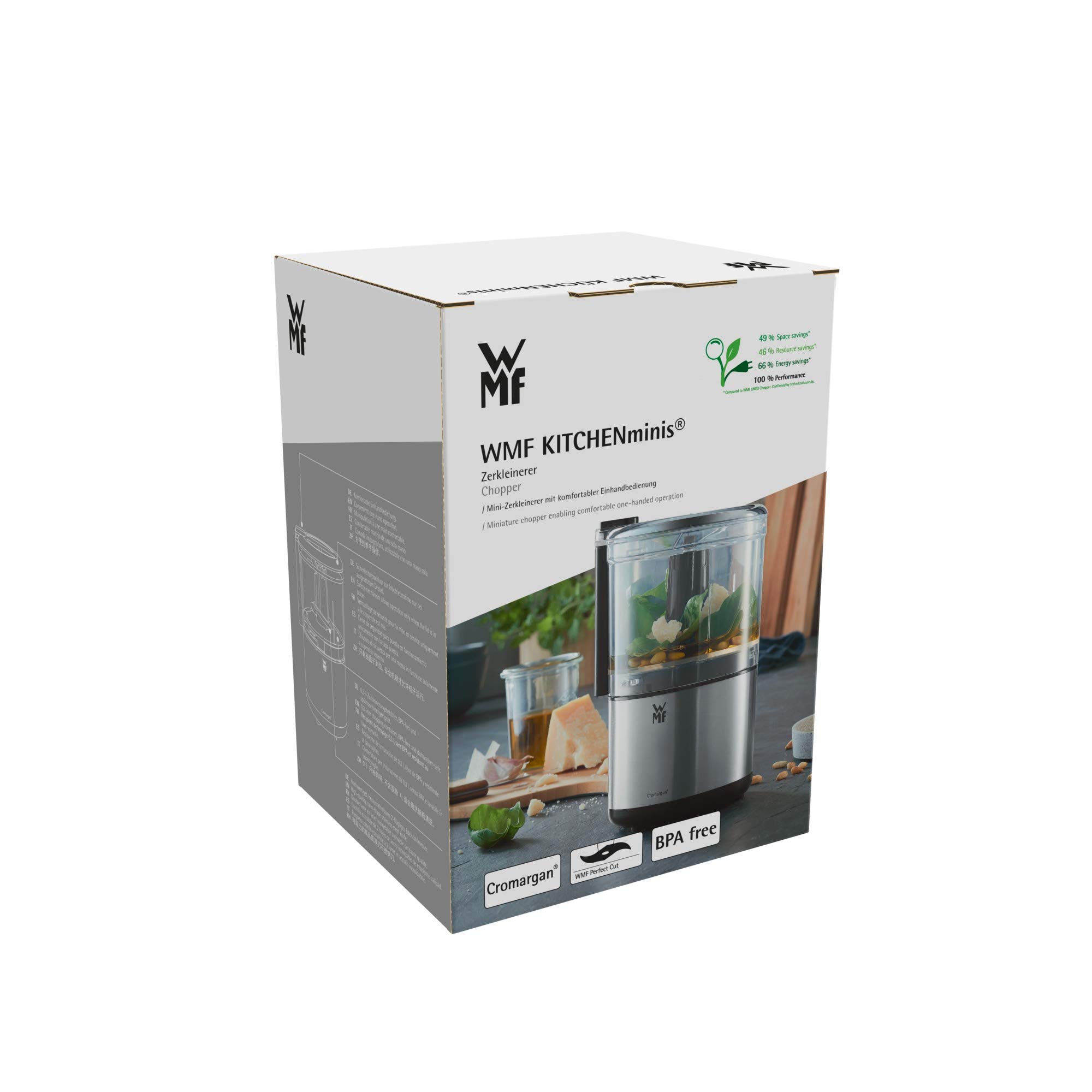 WMF Kitchenminis - Chopper Picadora Mini, 65 W, Acero Inoxidable, Dos cuchillas con tecnología Perfect Cut, Recipiente de 0,3 litros de Tritan, con bloqueo especial de seguridad, libre de BPA