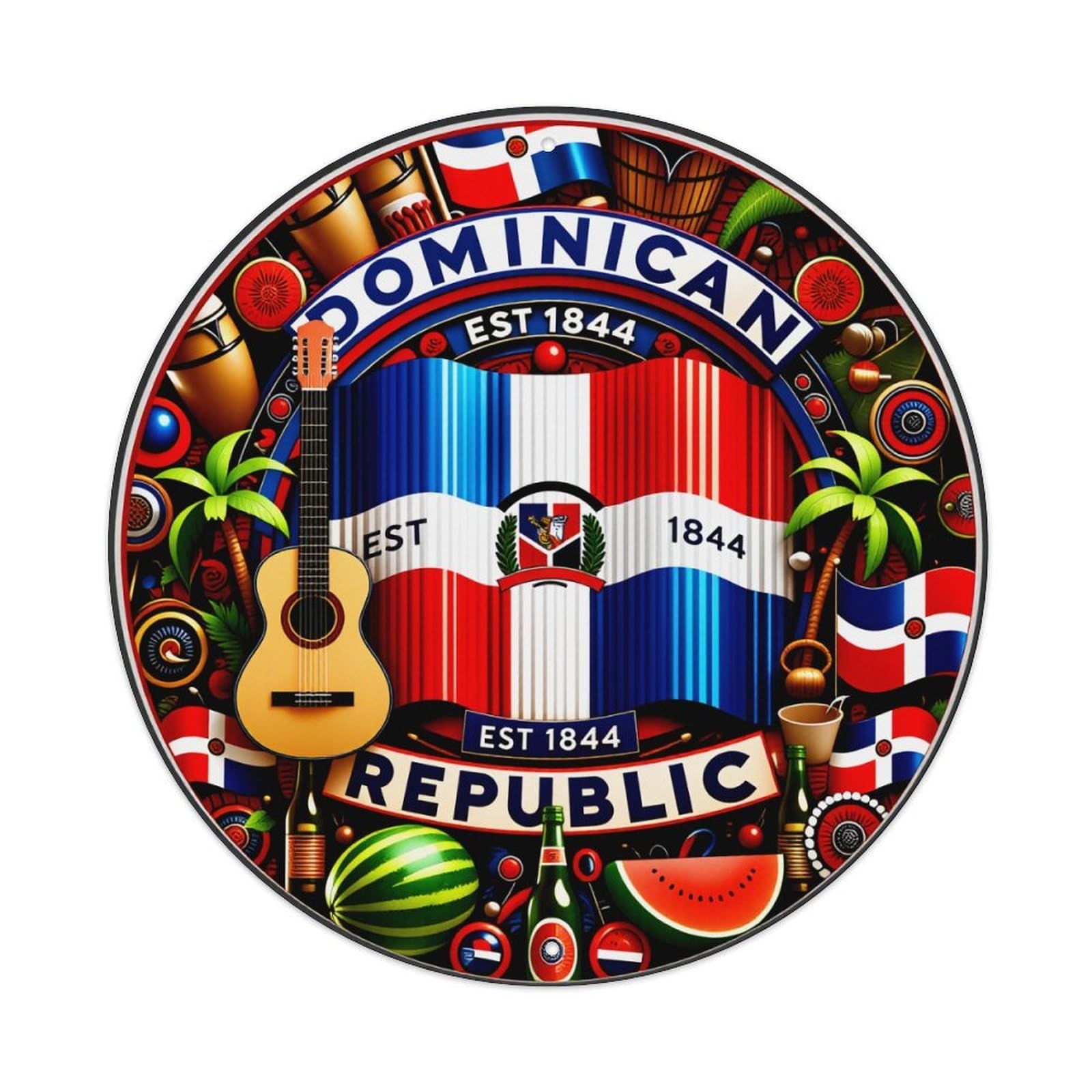 Wmlzdnwr Vintage Dominican Republic Flag Guitar Palm Tree Watermelon Beer Bottle Round Tin Sign,Retro Wall Art,Metal Poster For Home, Bar, Garage, Cafe, Rustic Indoor & Outdoor Decor, 8X8 Inches