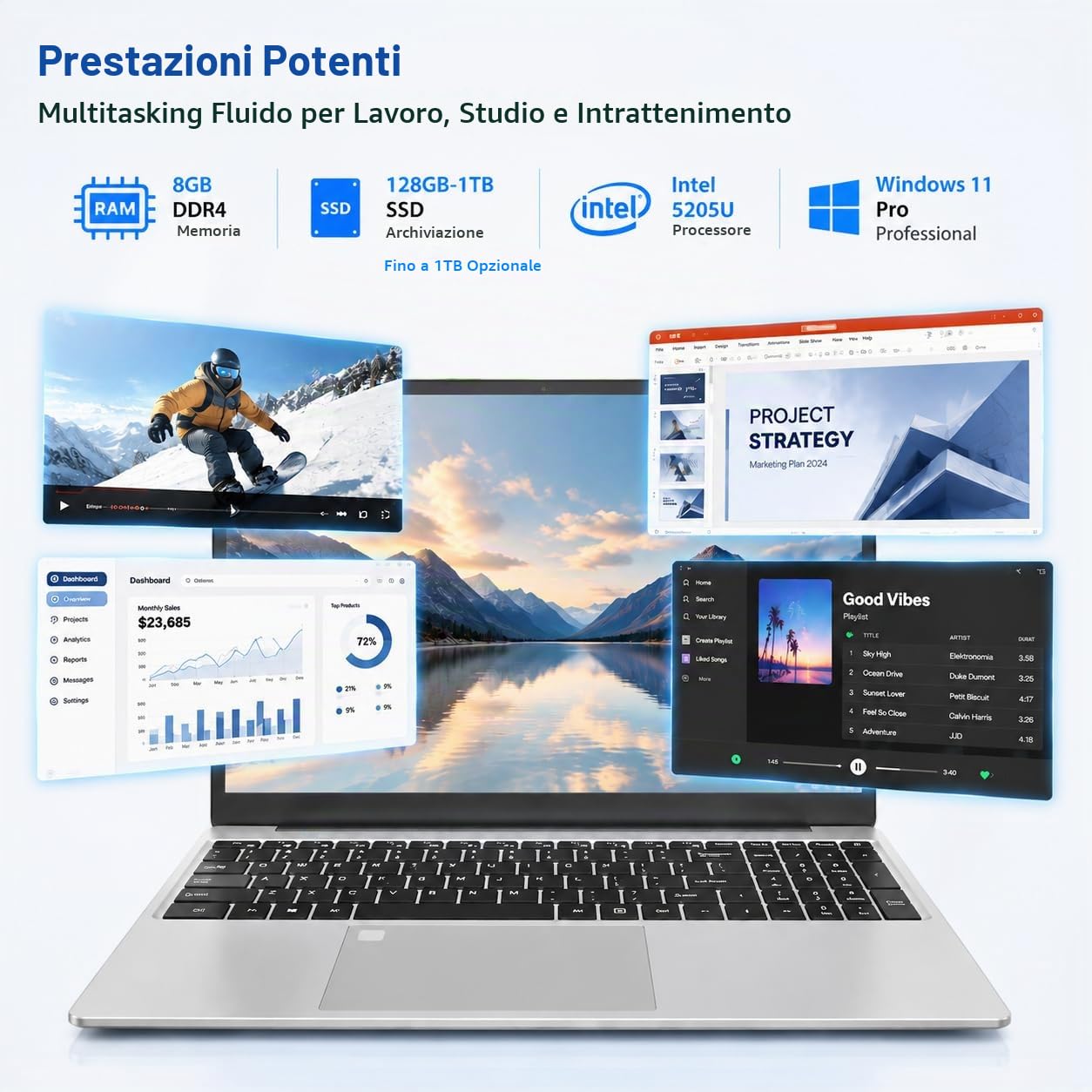 PC Portatile 15,6″ FHD IPS Celeron 5205U, 8GB DDR4, SSD 128GB, Tastiera LED
