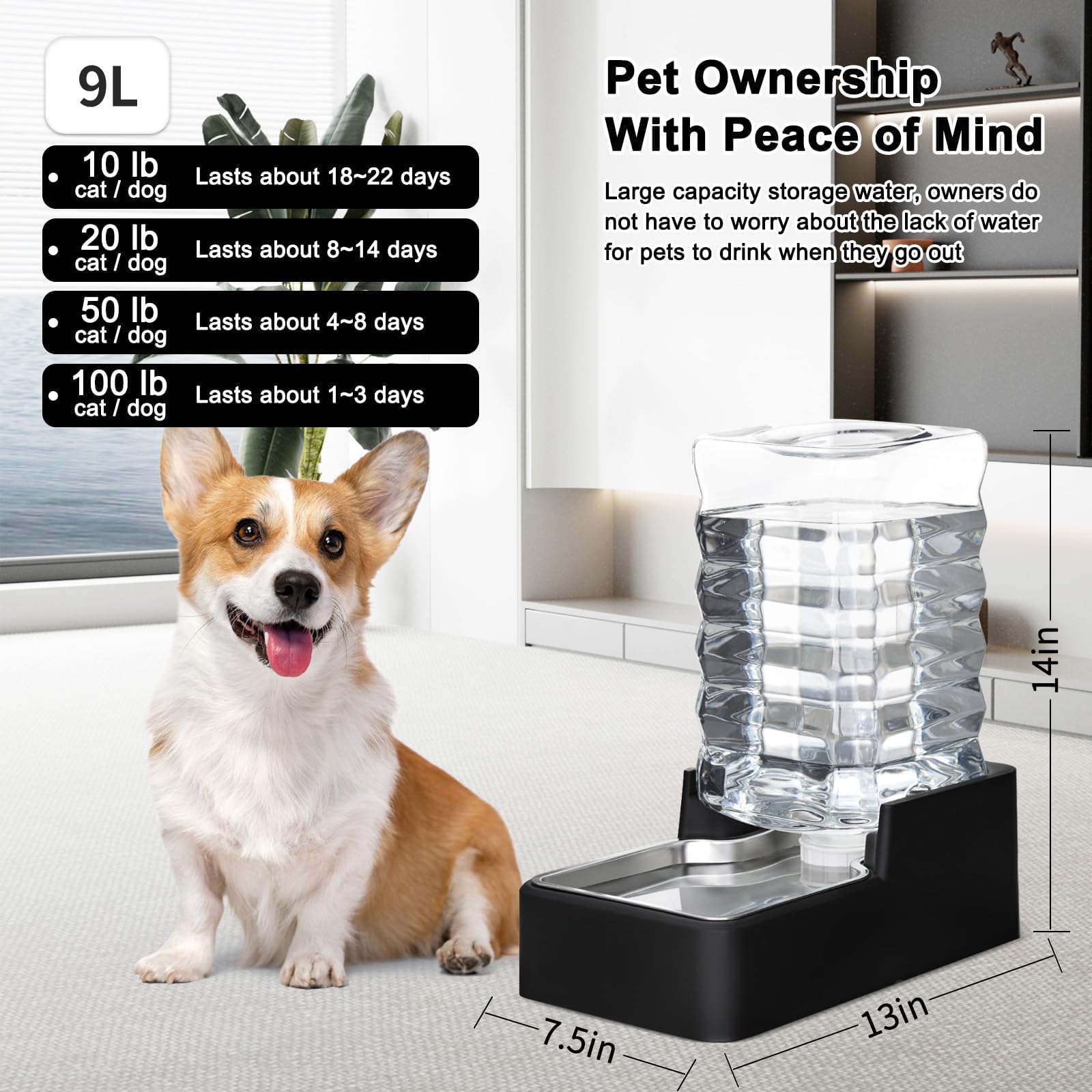 RIZZARI Dispensador de agua para mascotas de acero inoxidable: cuenco automático de gravedad a prueba de fugas de 8 L, grande para gatos, perros, uso en interiores y exteriores (negro sin filtro, 8 L)