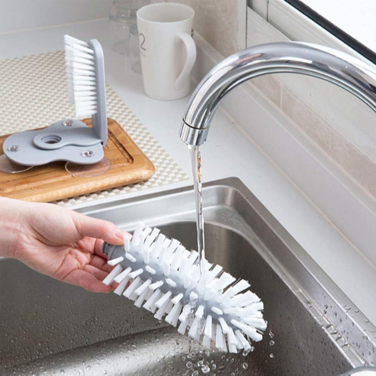 360° Glass Cup Cleaning Brush, Water Bottle Cleaning Glass Washer Brush Cup Sink Washer Brush with Suction Base Bristle Brushfor Sink, Flexible Bristles Double Sided Glass Cup Cleaning Brush