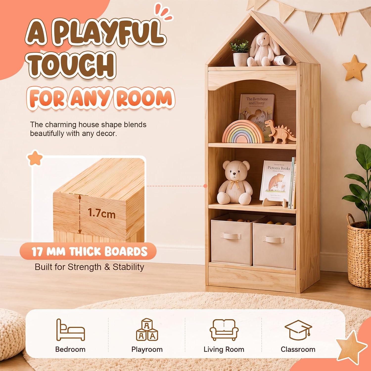 4-tier Kids Bookshelf and Toy Storage, Montessori Solid Wood Cabinet