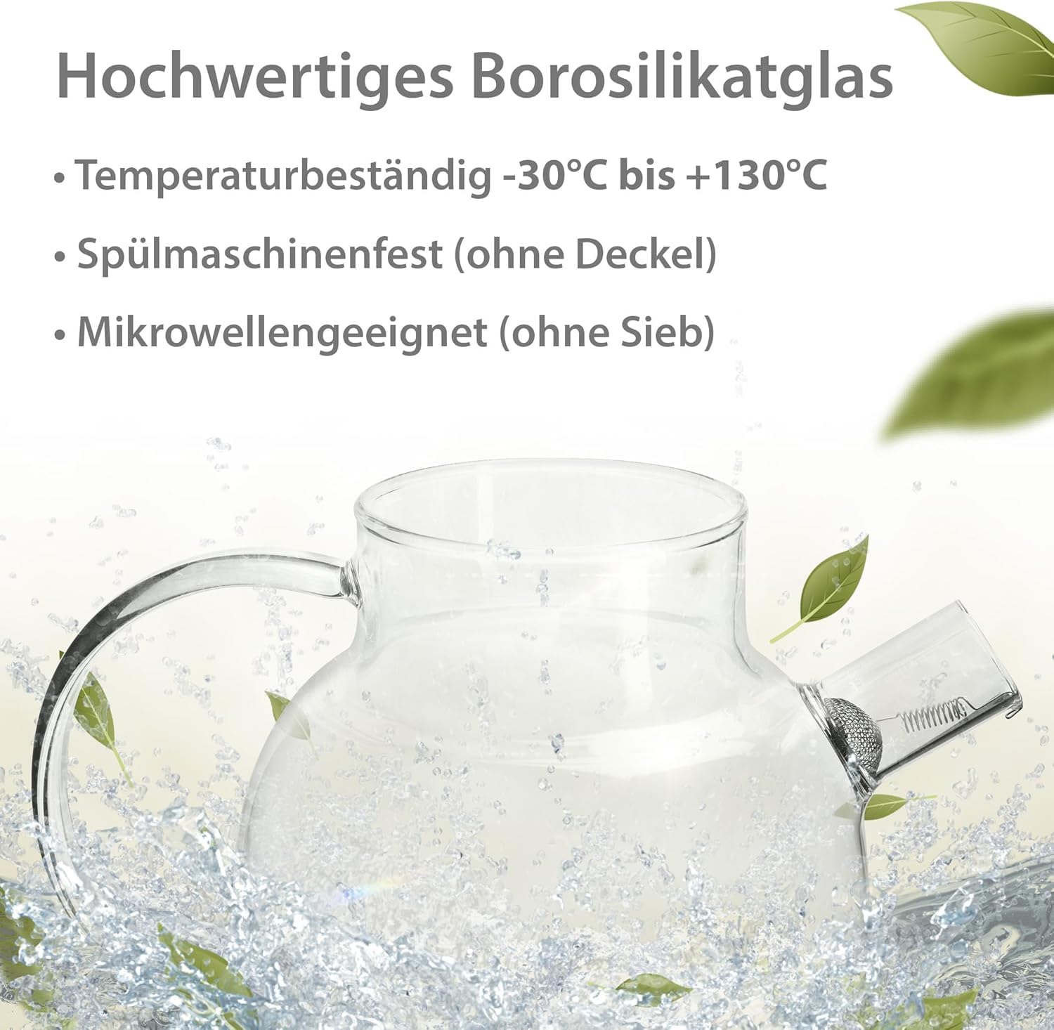 Impolio 1400ml Glas-Teekanne mit Siebeinsatz, Teekanne mit Holzdeckel, Hitzebeständiges Borosilikat Glas, Teekanne mit Sieb, Teekannendesign, Teeservice, Teapot