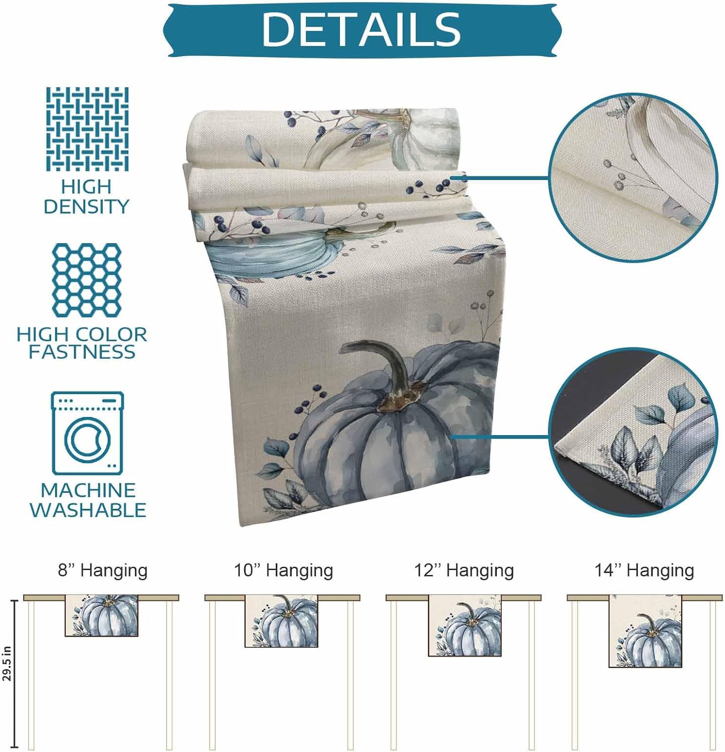 Fall Pumpkin Table Runner Dresser Scarf 13 x 120 Inch White Blue Leaves Rustic Table Runners Non-Slip Heat Resistant Kitchen Dining Table Decor for Autumn Thanksgiving Holidays Indoor Outdoor