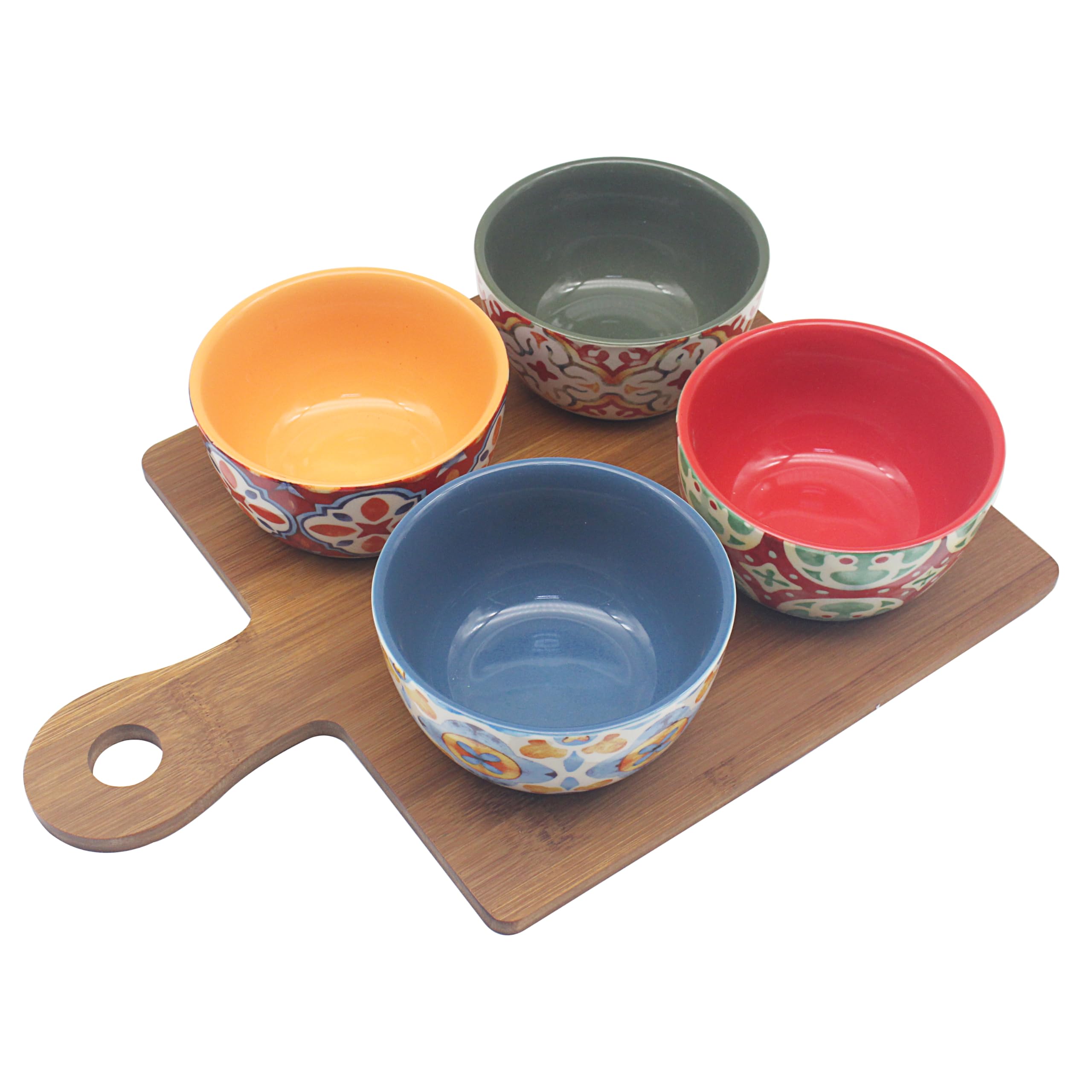 Ceramic Tuscany Bowls Set Of 4 On Wooden Base Serving Tray Dip Snack Dishes from B&Q