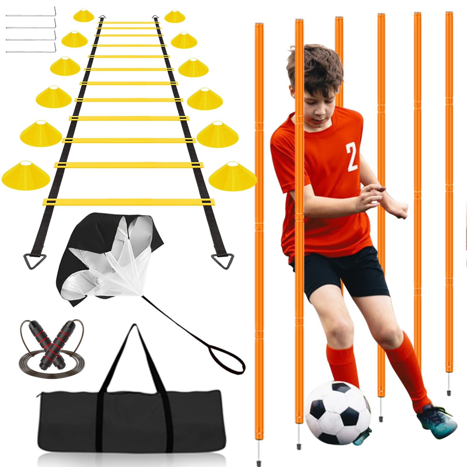Vztipki Equipo de entrenamiento de velocidad y agilidad: escalera de agilidad de 20 pies, 6 postes, 12 conos de fútbol, paracaídas de resistencia, cuerda de saltar, juego de entrenamiento deportivo