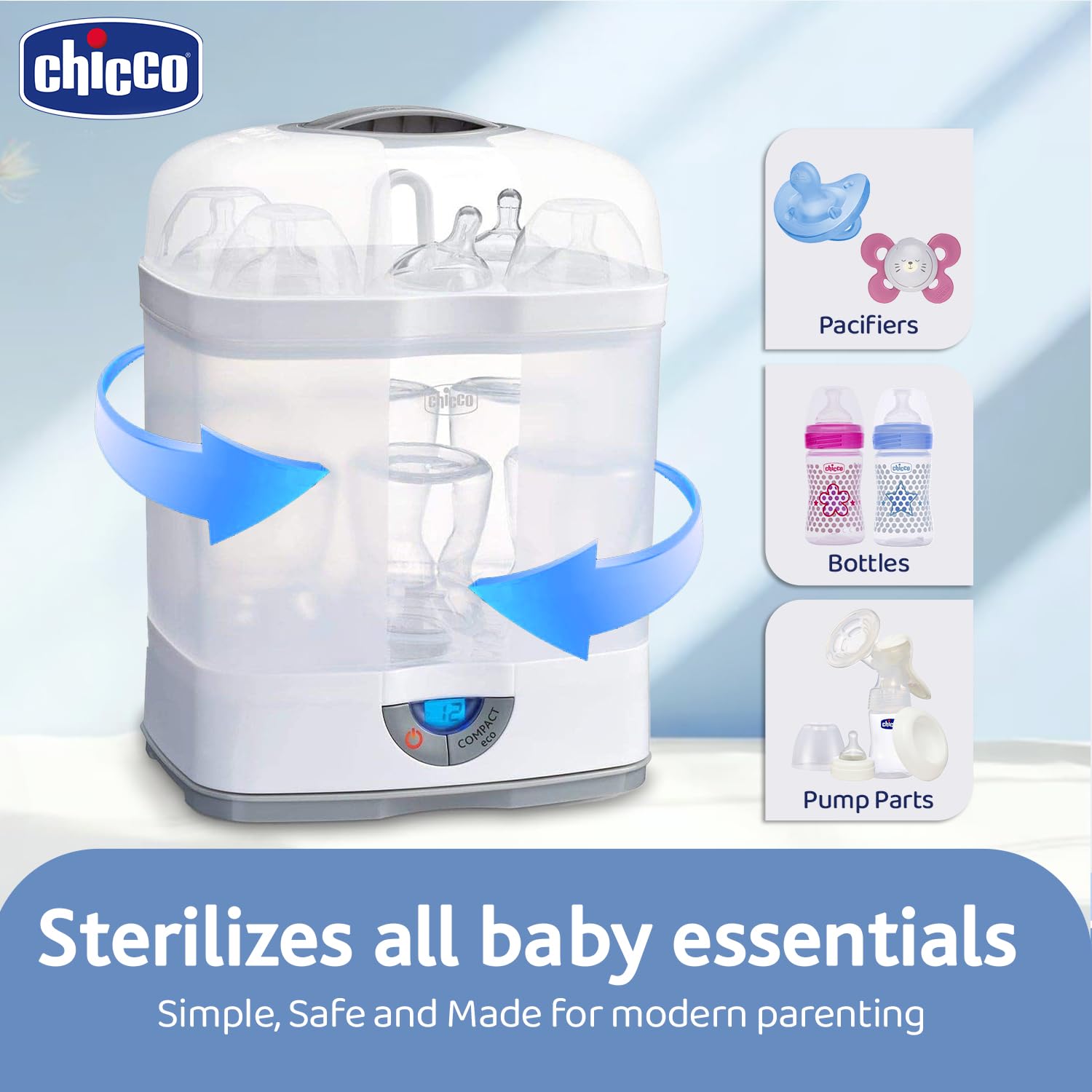 Chicco SterilNatural Sterilizzatore Biberon 3in1, Sterilizzatore Modulare a Vapore Naturale Adatto per il Microonde, con 3 Configurazioni, Veloce e Facile da Usare, Fino a 6 Biberon da 330 ml, Bianco