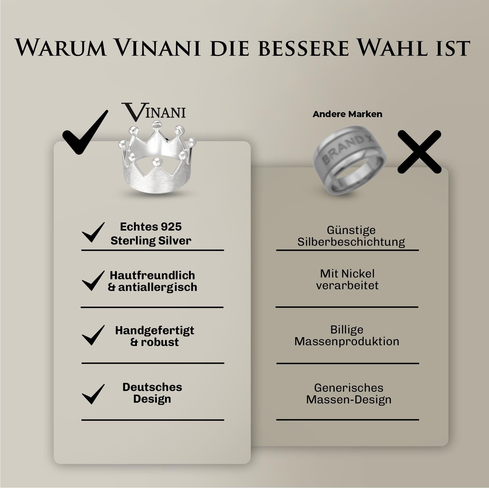 Vinani Ring aus 925 Sterling Silber - Damenring mit Krone gebürstet und glänzenden Spitzen für Frauen, nickelfrei & antiallergisch, Designed in Deutschland, RKR