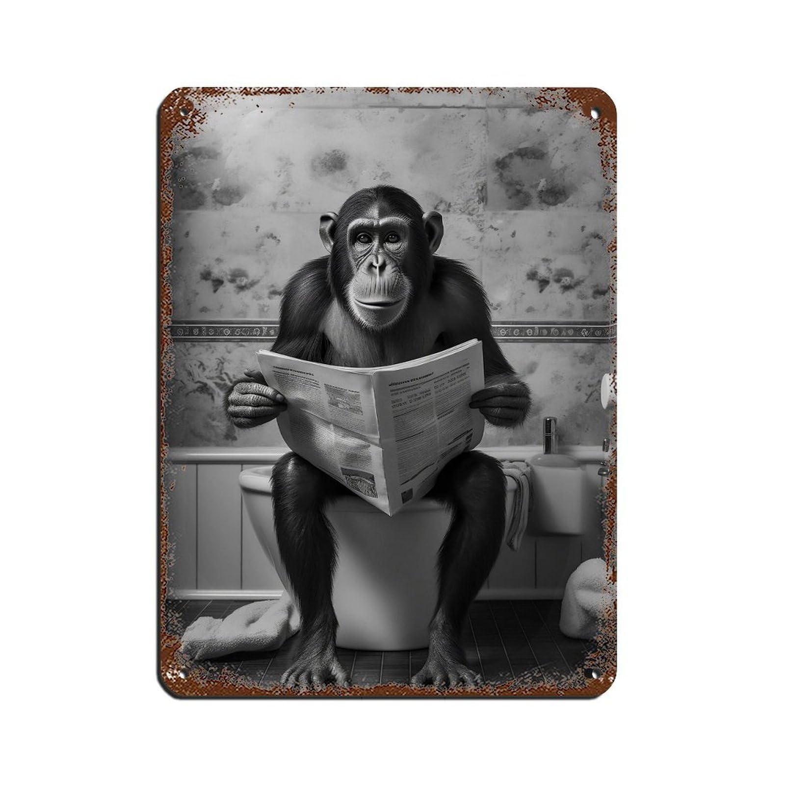 Monkey on Toilet Reading Newspaper Tin Sign Vintage Metal Pub Club Cafe Bar Home Wall Art Decoration Poster Retro 12x16inch(30x40cm)