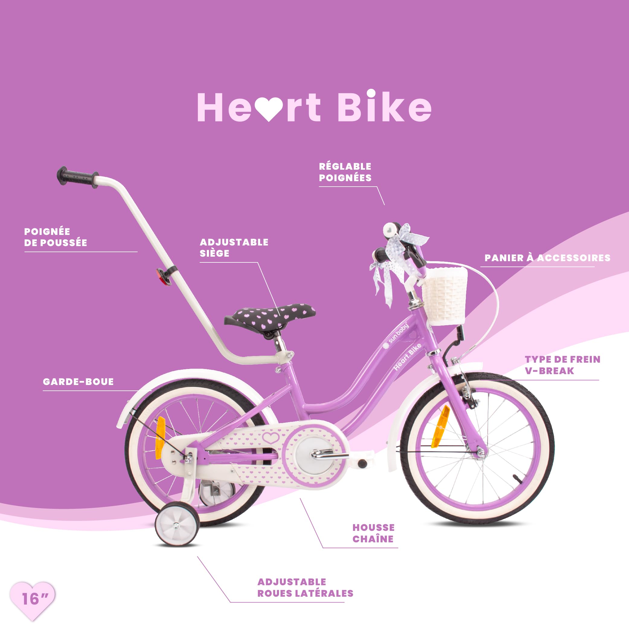 Vélo Enfant Fille 12/14/16 Pouces Sun Baby Heart avec Roulettes Stabilisatrices et Barre de Poussée
