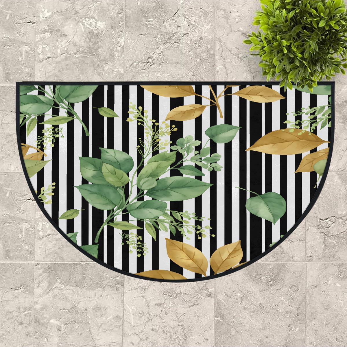 Große halbrunde Fußmatte – Botanische Blattstreifen, waschbar, rutschfest, halbrund, Eingangsbereich, niedlich, weich, halbrund, saugfähig, Teppich für Küche, Badezimmer, Schlafzimmer, 160 x
