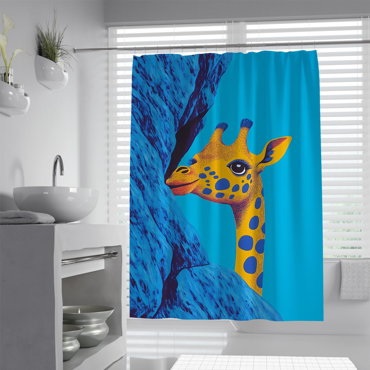 UIRINGART Funny Giraffe Shower Curtain W120xL180cm Waterproof Anti Mould Cute Peeking Safari Animal Yellow Blue Fabric Bathroom Screen With Hooks Tub Liners Spa