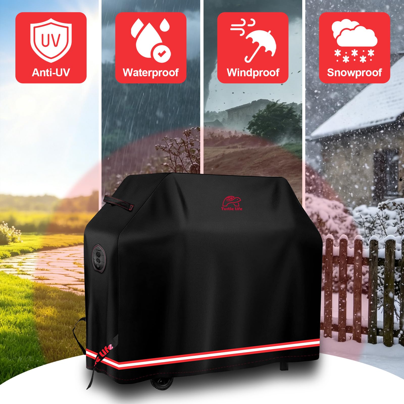 Turtle Life Weber Spirit Char-Broil Performance i Signature pokrowiec na grill, wodoszczelny, wytrzymały, 3-4 palniki, odporny na blaknięcie w ciągu 2 lat, czarny, 147 x 66 x 119 cm