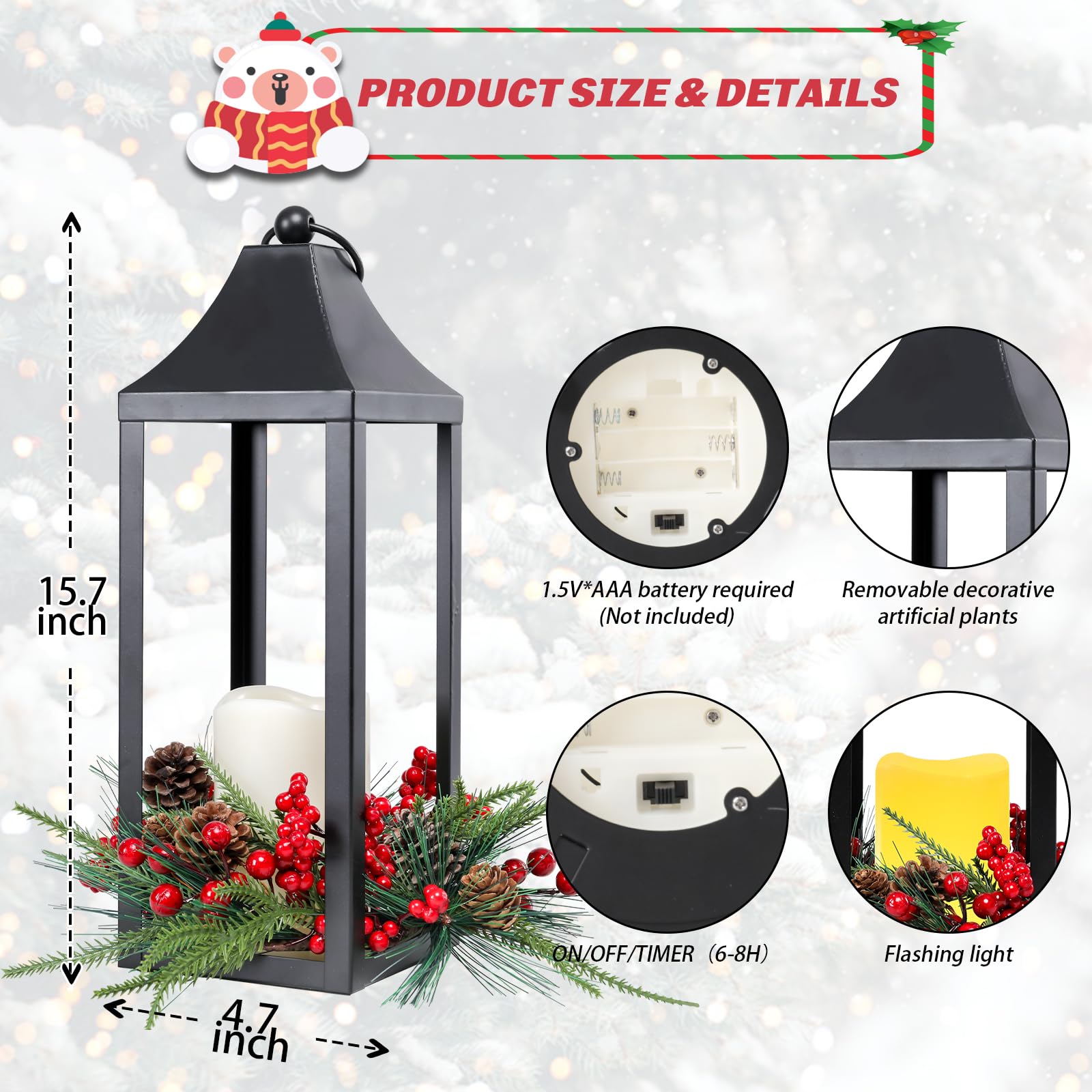 Lot de 2 lanternes de Noël décoratives pour intérieur, extérieur, 40,6 cm, lanternes à bougie décoratives sans flamme avec pommes de pin et baies pour centres de table, maison, porche