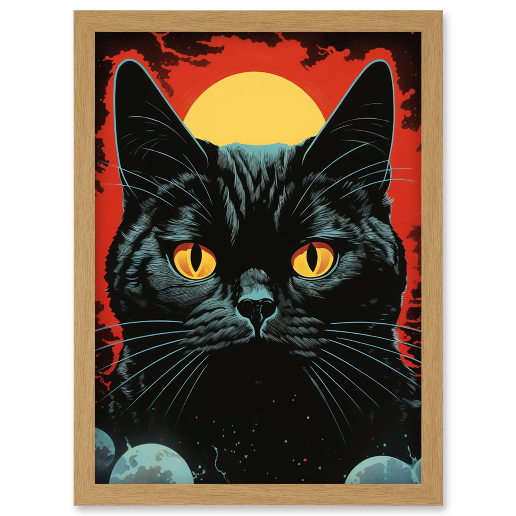 Artery8 In the Shadow of the Celestial Black Cat Vintage Pulp Art Sci-Fi Cover Artwork Red Yellow Blue Solar Eclipse Artwork Framed Wall Art Print A4