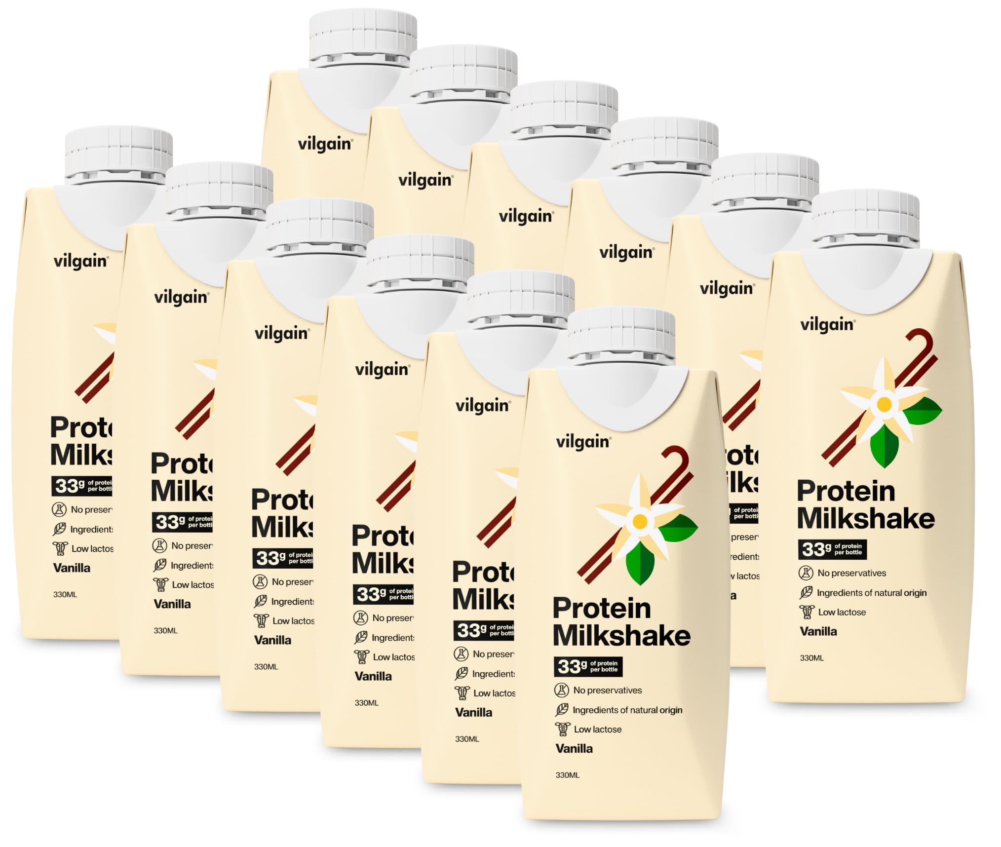 Vilgain Frappè proteico, 33 g di proteine per porzione, Basso lattosio, frullato di proteine del latte, Senza additivi artificiali, Dolcificato con stevia (12x330ml) (12x330, Vaniglia)