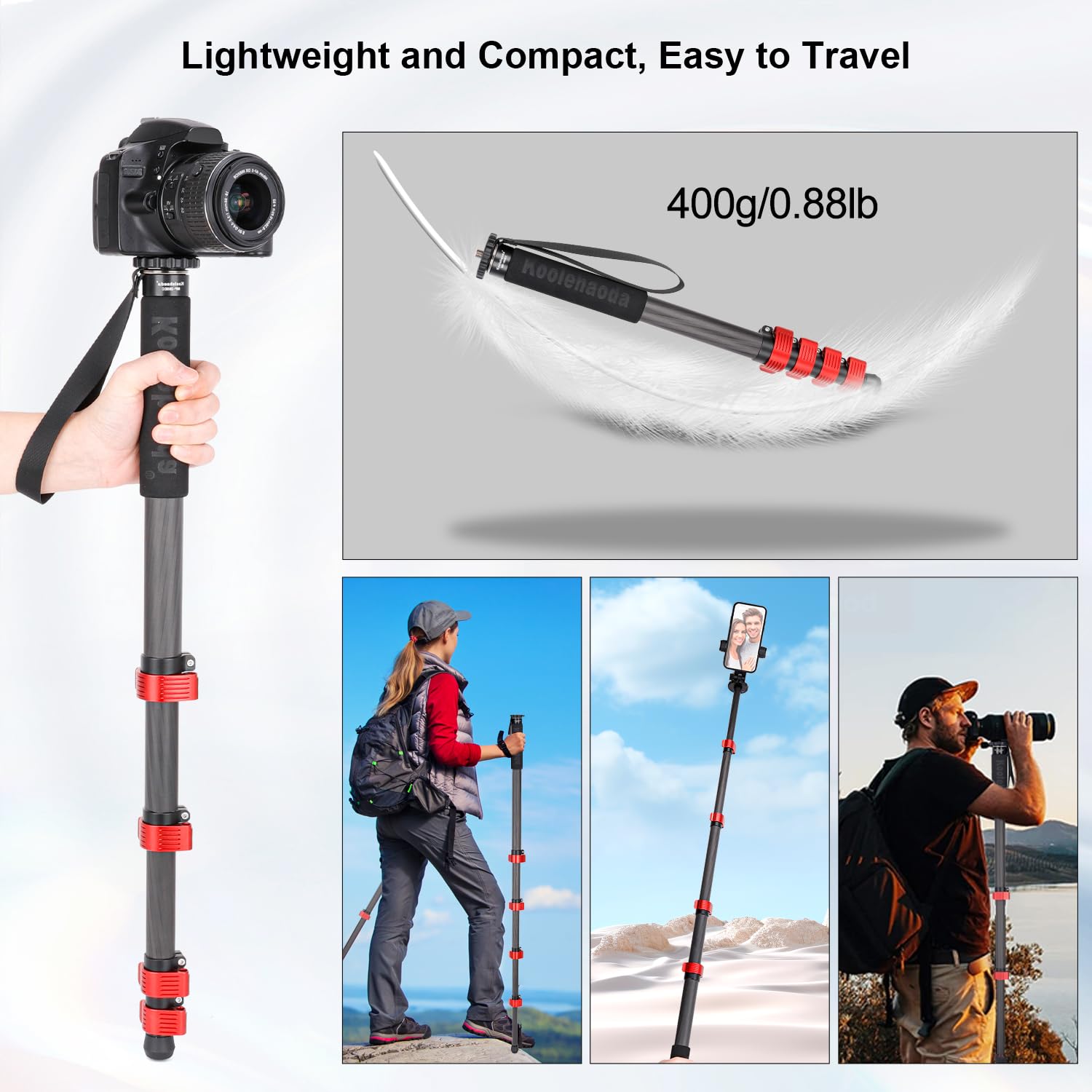 koolehaoda Monopiede per fotocamera da 64"", tubo da 28 mm, in fibra di carbonio, monopiede monopiede leggero e compatto, da viaggio, per fotocamere DSLR (MP-286EC)