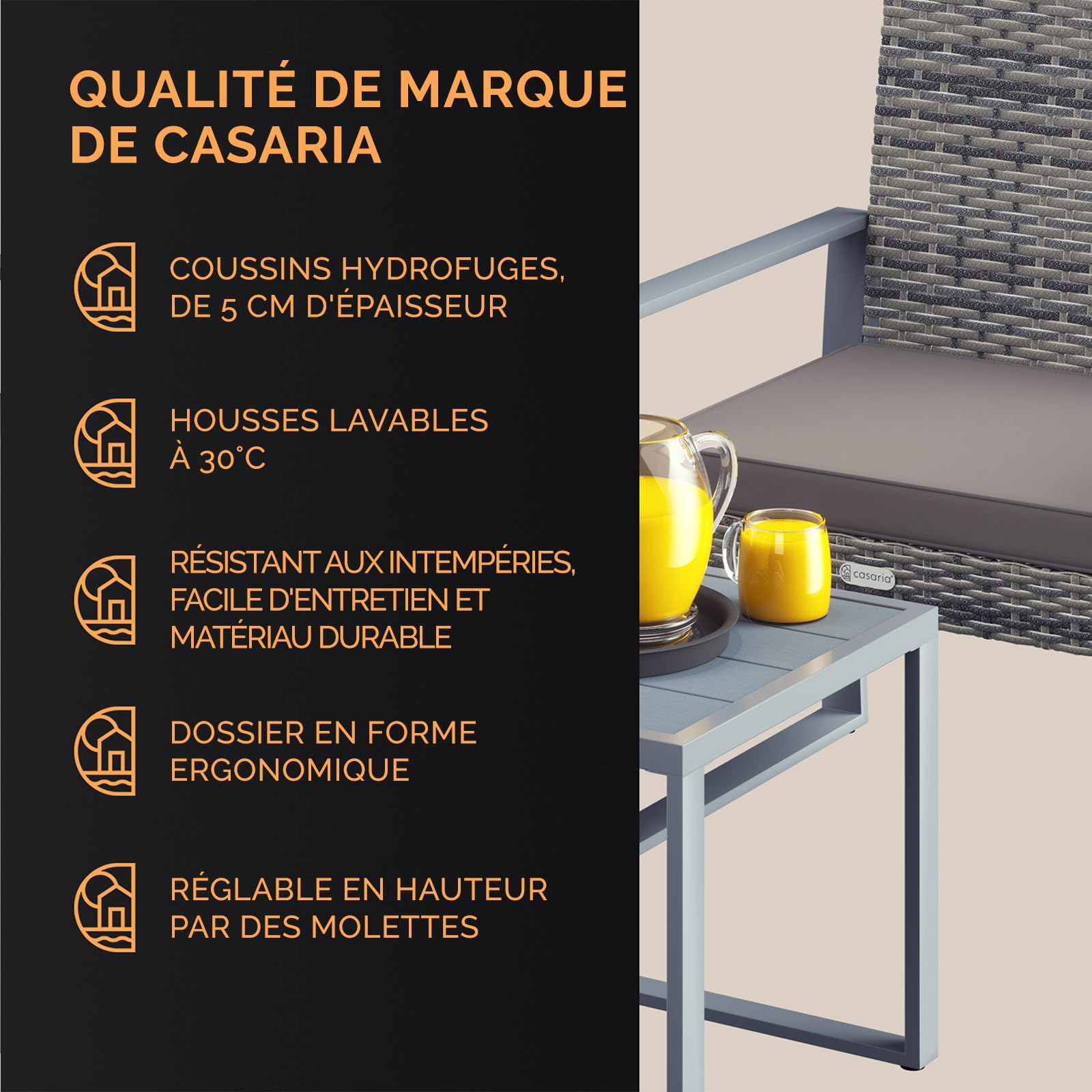 Casaria® Salon de Jardin Gris WPC en polyrotin 2 chaises 1 Table Pieds réglables Résistant aux intempéries Balcon Meubles Lounge Set