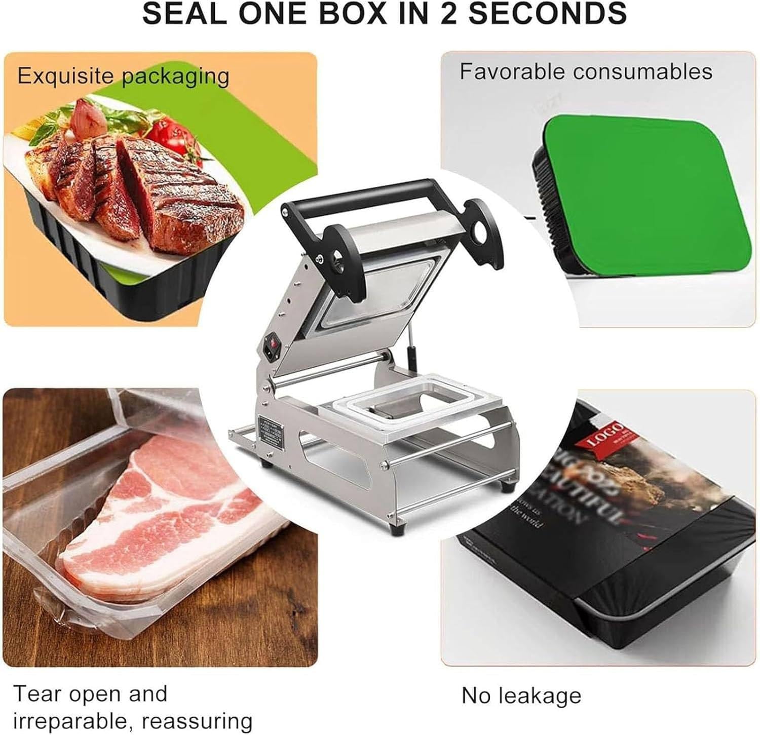 Handdruck-Heißsiegelgerät für Lebensmittelschalen, 600 W einstellbare Temperatur, 7-8 Dichtungen/Min, für Fleisch, Steak, Fisch, Obst, Fertiggerichte