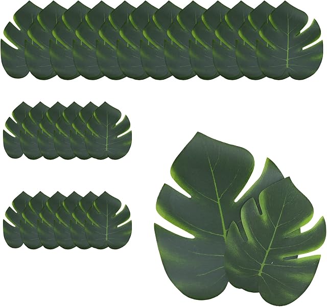 DBOO Artificial Tropical Leaves 24 Pcs Fake Tropical Palm Leaves Faux Monstera Leaves Fake Large Green Leaf for Hawaiian Luau Party Decorations Jungle Beach Birthday Theme BBQ Party Supplies
