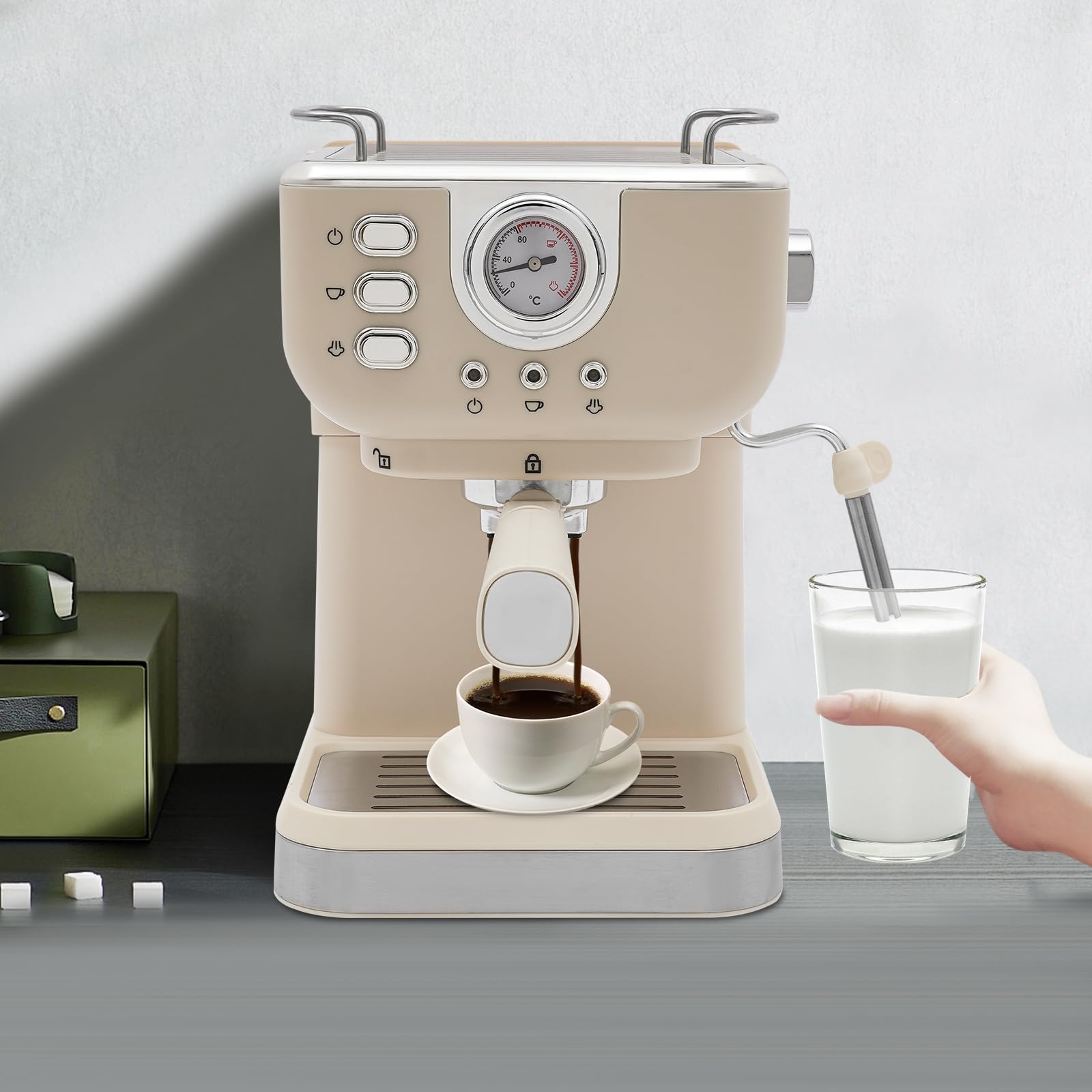 Półautomatyczny ekspres do kawy, ekspres do espresso, kompaktowy ekspres do kawy ze spieniaczem do mleka 1050 W, 220-240 V, 50-60 Hz