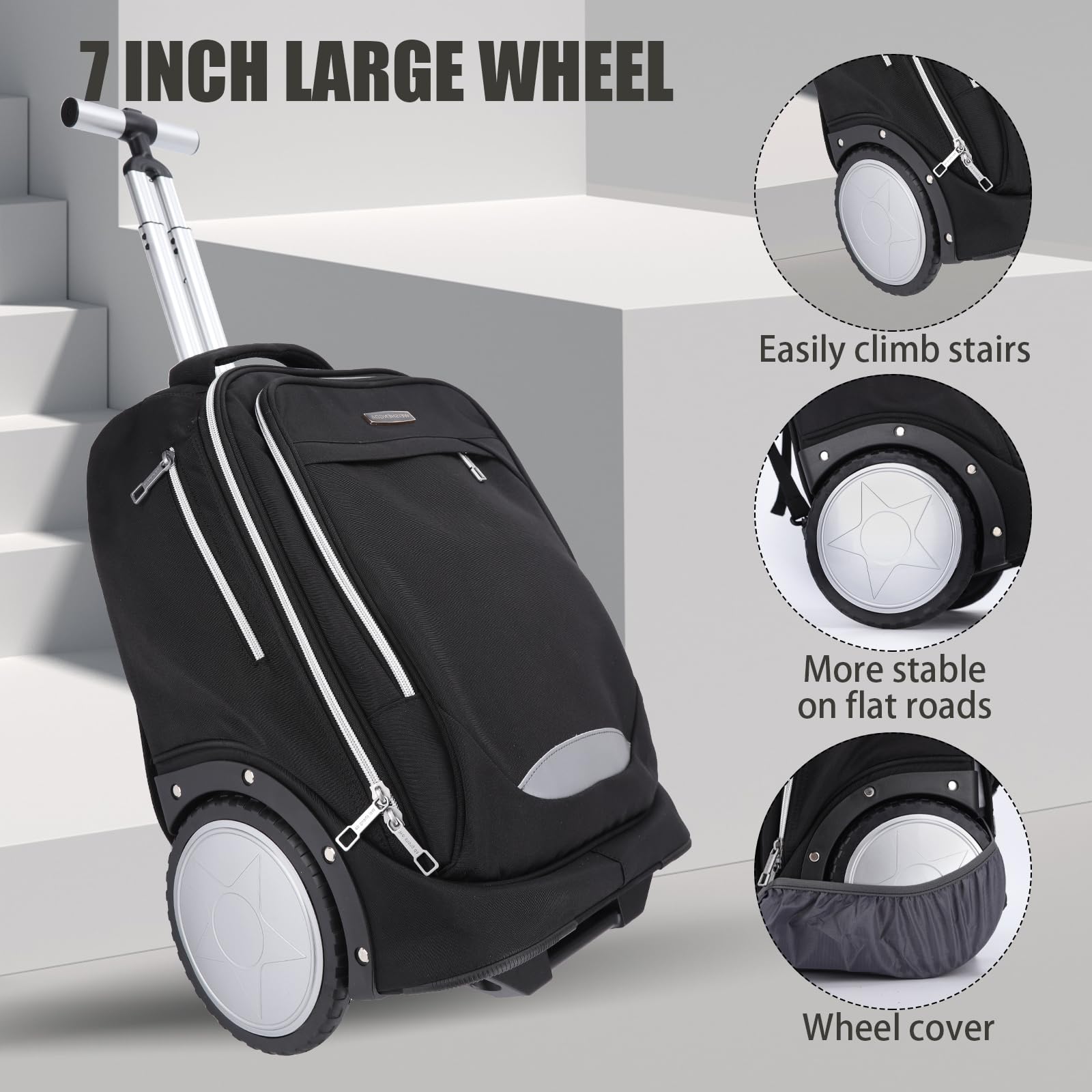 Rucksack mit Rollen, Rucksack trolley doppelt verstärktem Teleskopgriff, leichtes Hinauf- und Hinuntergehen von Treppen, Handgepäck-Rucksack mit Laptopfach für Geschäftsreisende und Pendler, Schwarz