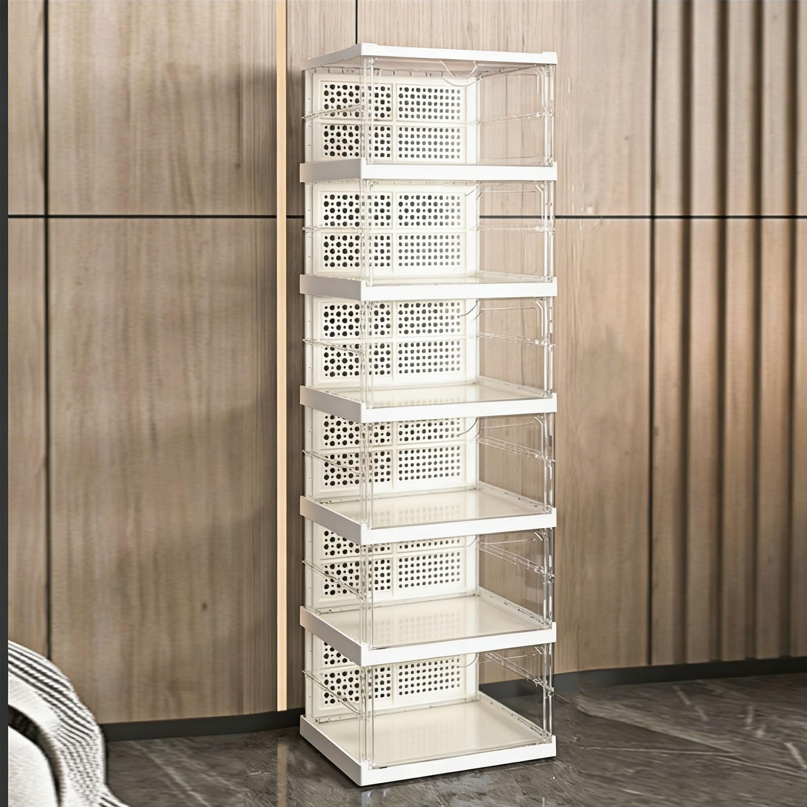 Caja de Zapatos Apilable con Diseño de Plegado Rápido, Caja Contenedor de 100 Libras de Capacidad, Organizador de Puerta Transparente, Se Adapta a Calzado de hasta Tamaño 12, (6 niveles)