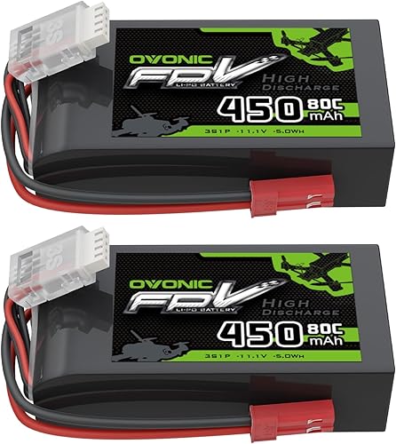 OVONIC Batería Lipo de 11.1V 80C 450mAh 3S con enchufe JST 1 paquete que incluye 2 baterías