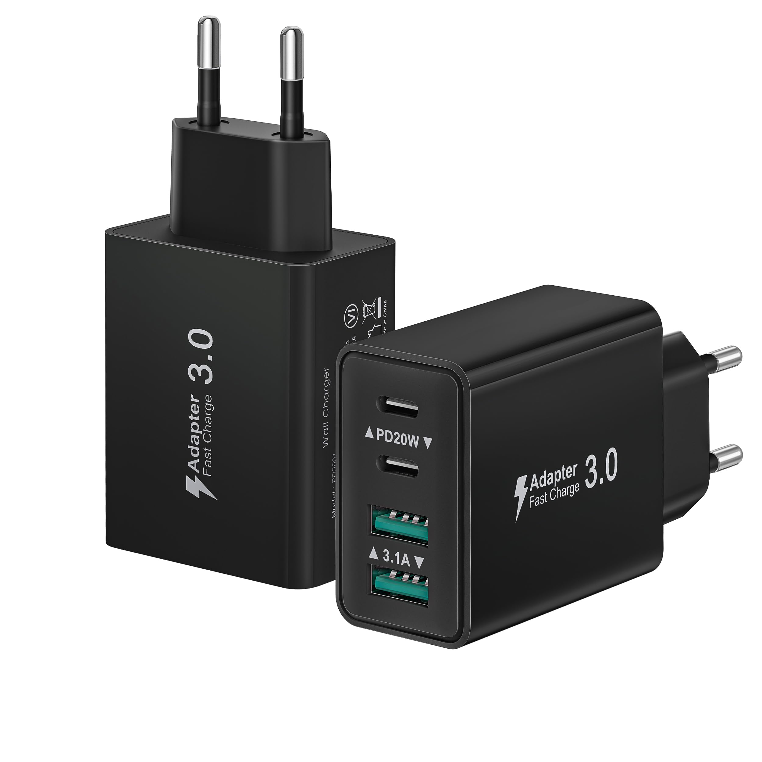 2-Pack Caricatore USB C Presa, 40W 4-Porto Multiplo USBC Caricabatterie Rapido Spina Alimentatore per iPhone 17 16 15 14 13 12 11 Pro Max,Samsung, iPad, Multipla Spinotto QC & PD Adattatore Carica