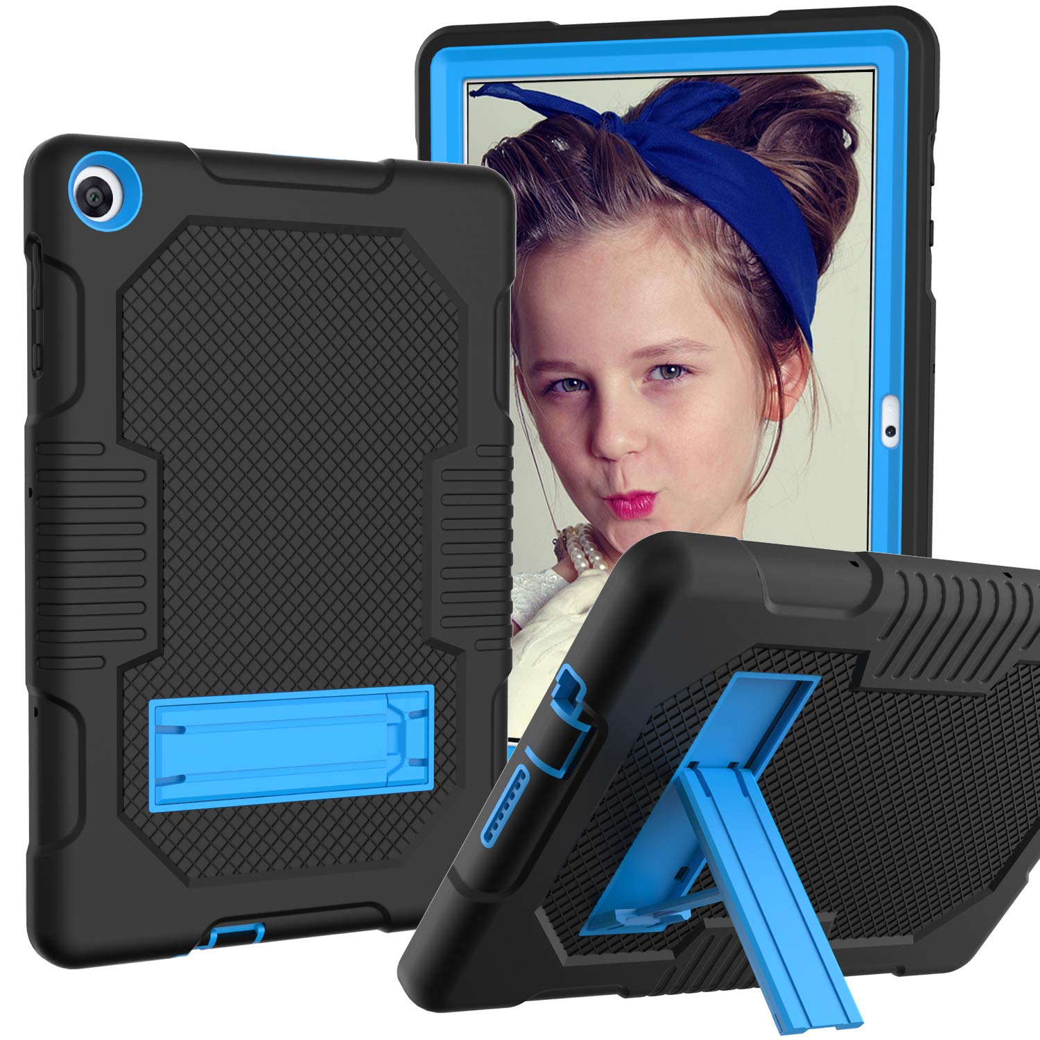 HBS Case Compatible with Huawei MatePad T10 / T10s 9.7"2020 AGR-L09 / AGR-W09,Resistant shockproof protection Silicone + PC 3-In-1 / Tough Armor/Support-BLACK+BLUE