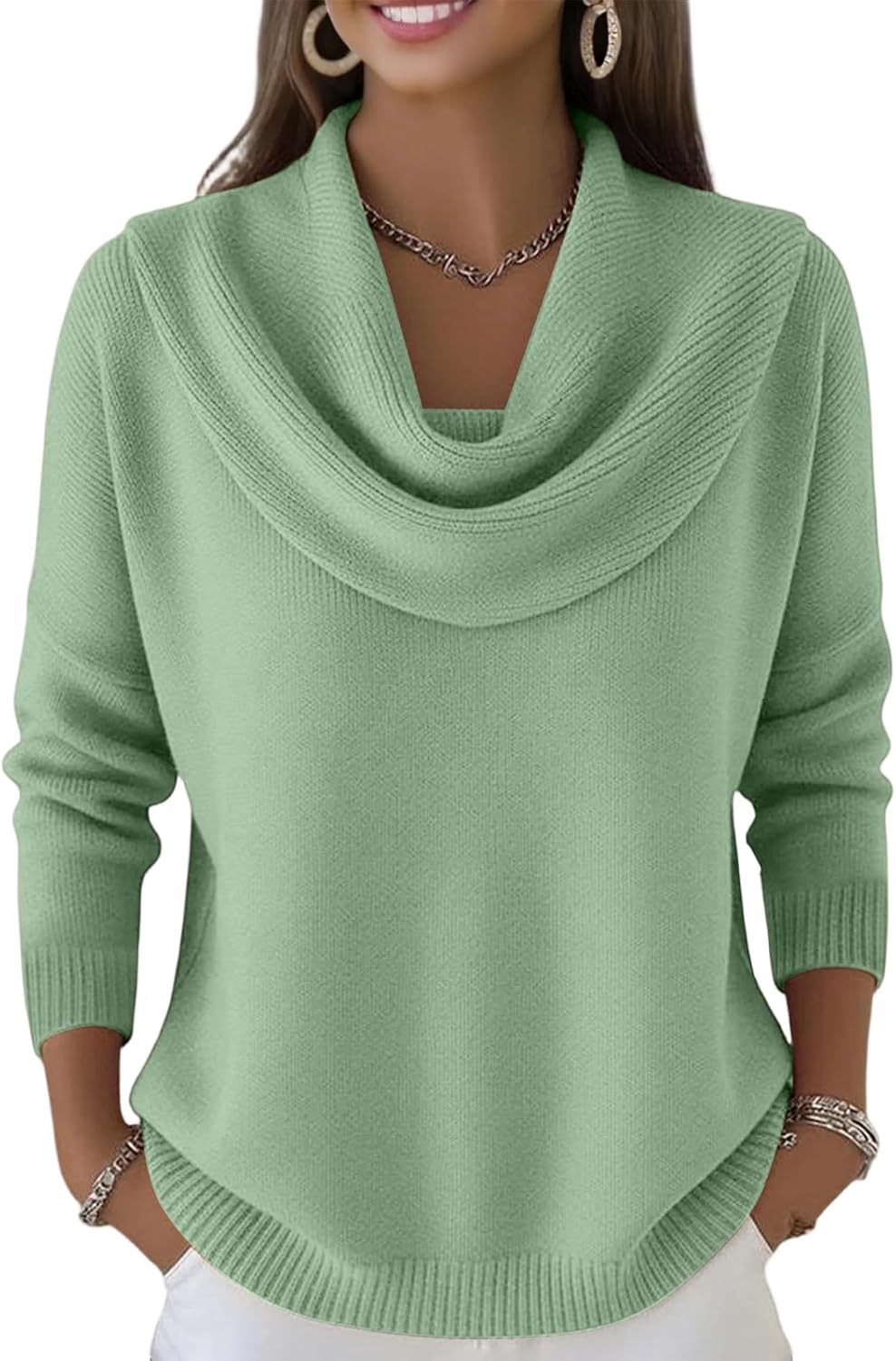 Cowl Neck Sweater for Women Long Sleeve Knit Dressy Casual Loose Cute Sweaters Trendy Vintage Warm Soft Cozy Sweaters