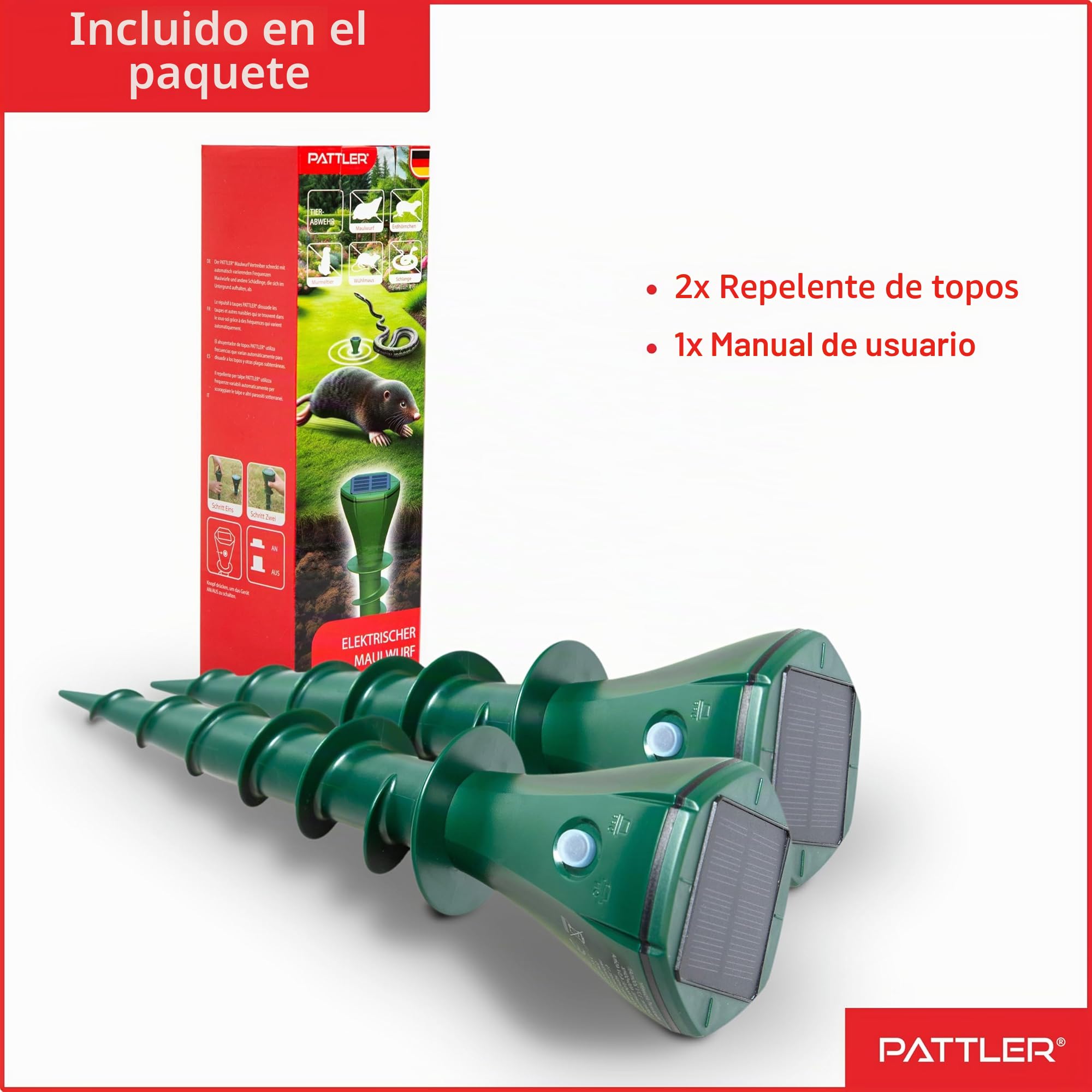 PATTLER® Juego de 2 distribuidores de Topos – Eficaz ahuyentar Topos en Aproximadamente 800 m² – Uso Flexible Gracias al módulo Solar – Innovador diseño de Tornillo Aumenta la eficacia