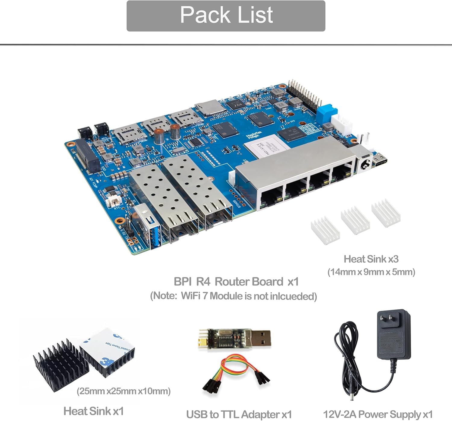 Banana Pi BPI-R4 WiFi 7 Router Board OpenWRT – DDR4 4 GB/8 GB RAM-MediaTek MT7988A (Filogic 880) SoC, 4G/5G Wireless Router 2x 10GbE SFP 4X GbE per NAS Smart Home Gateway (Kit1, DDR4 8GB)