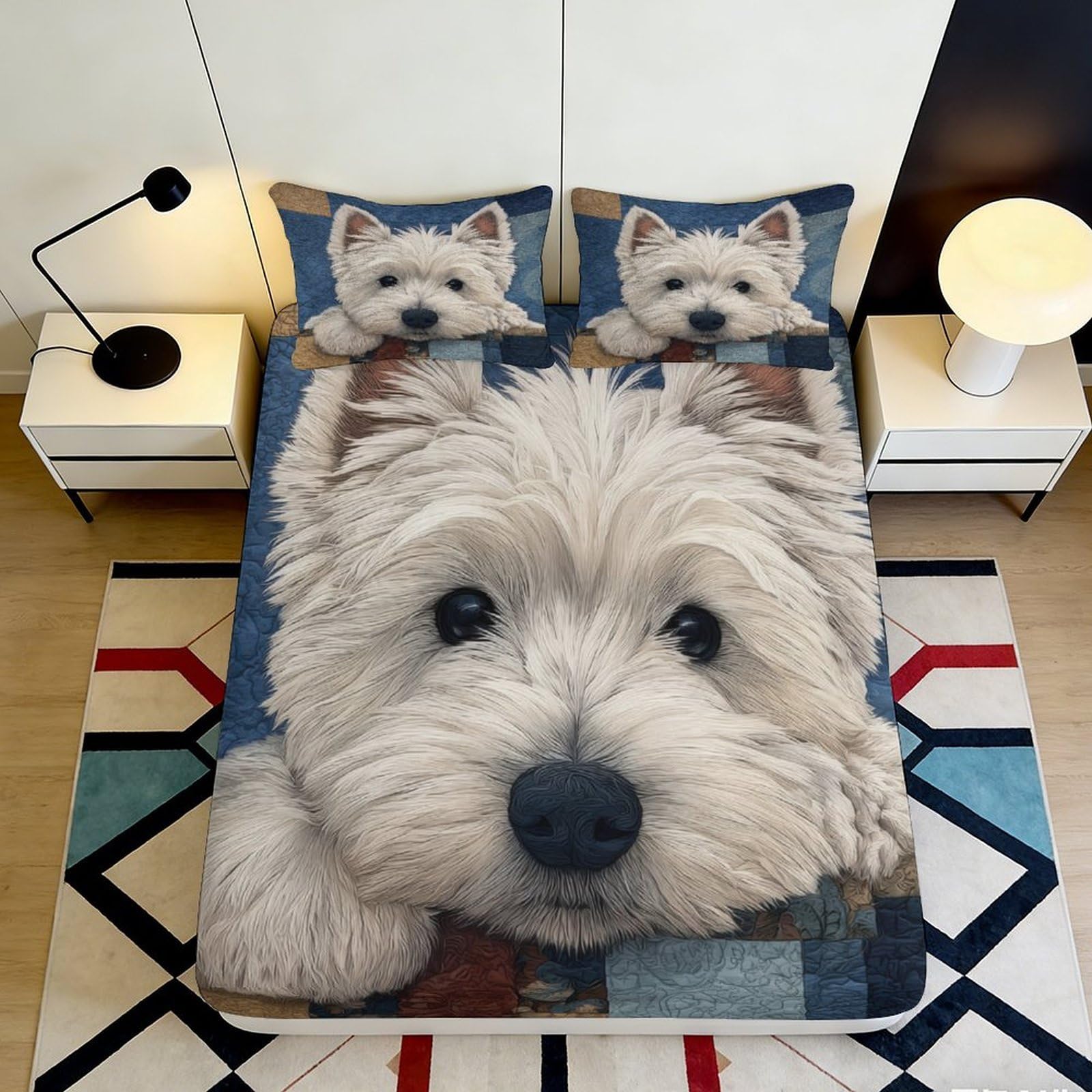 3D Printed Westie Dog Fitted Sheet Microfiber Soft Anti-Slip White Puppy Mattress Cover for Bedroom Guest Room Washable Decor 120x200x25cm