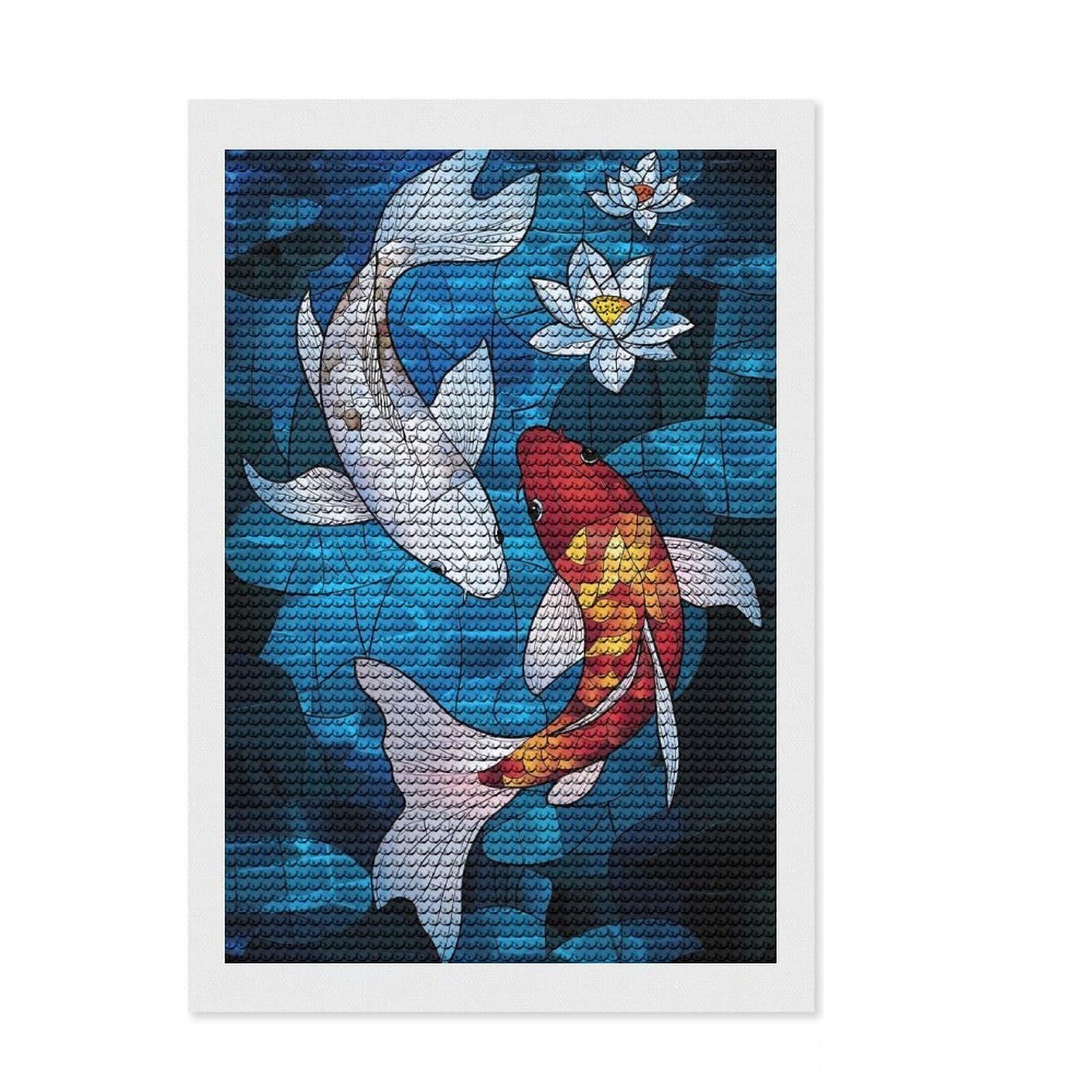Junmoney Koi Fish Stained Glass 5D Diamond Painting Kit 8"x12", for Women, Farmhouse Decor, Boho Decor, Thoughtful Present, Relaxing DIY