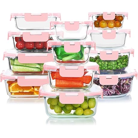 KOMUEE 24 Pieces Glass Food Storage Containers Pink