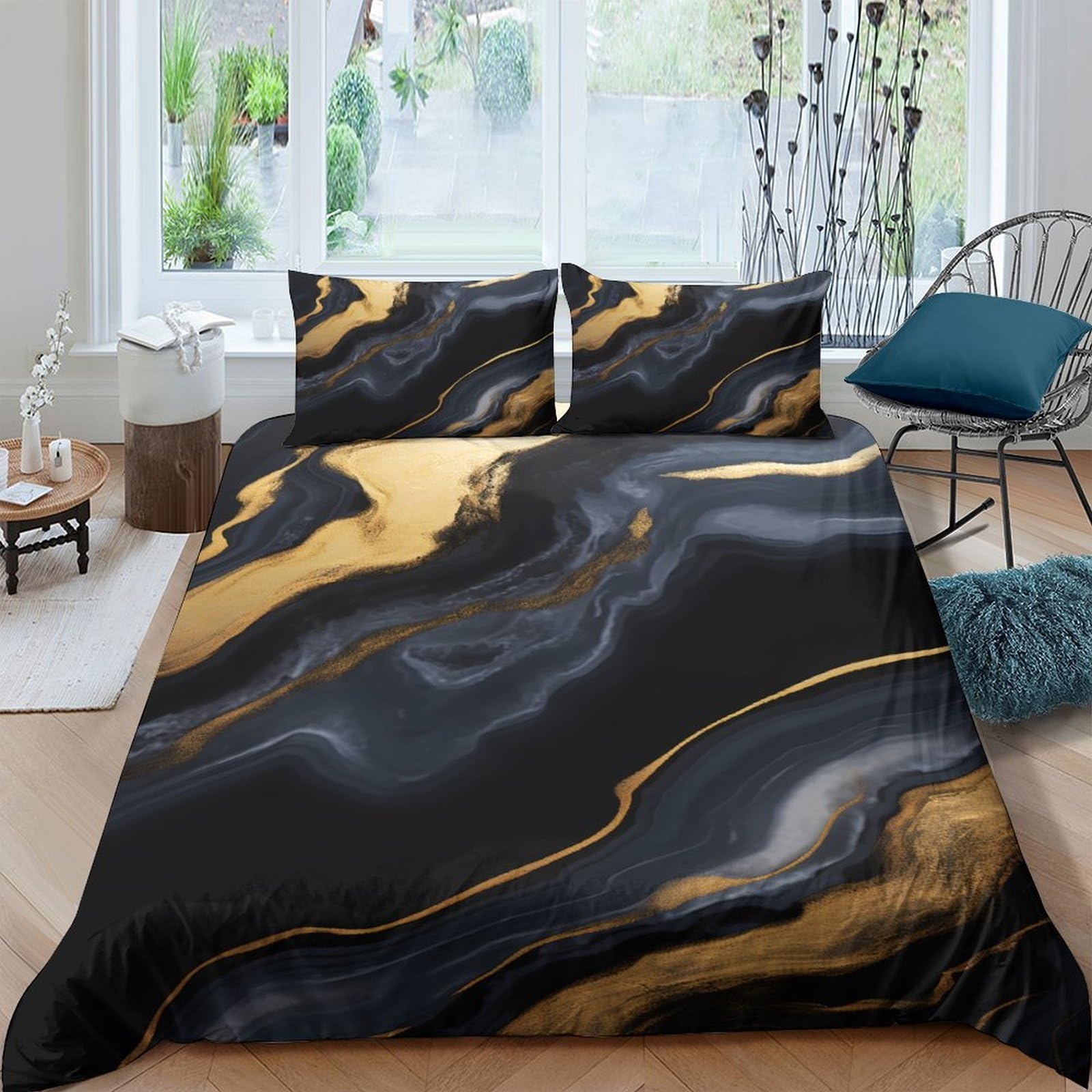Ctjqhvkz Style-1 3D Printed Black Marble Fitted Sheet Microfiber Soft Gold Vein Bed Cover Anti-Slip Bedroom Decor Machine Washable Single（135X200cm）