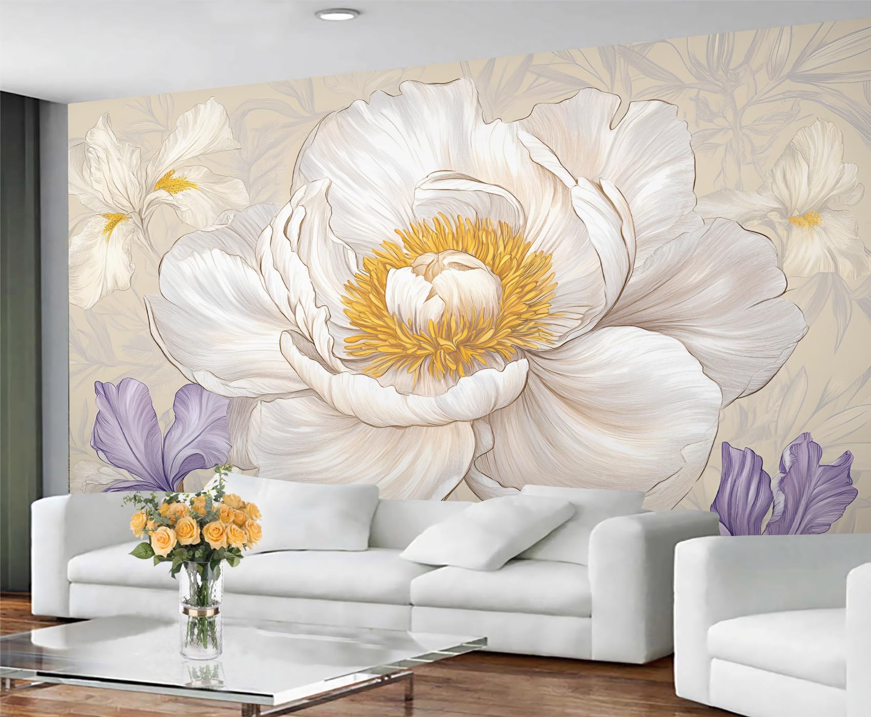 GIVLWF Peony Bedroom Wallpaper - White Bloom Wallpaper & Home Decor - Purple Flowers Wall Murals for Living Room Non Self Adhesive Vintage Floral Wall Paper & Mural