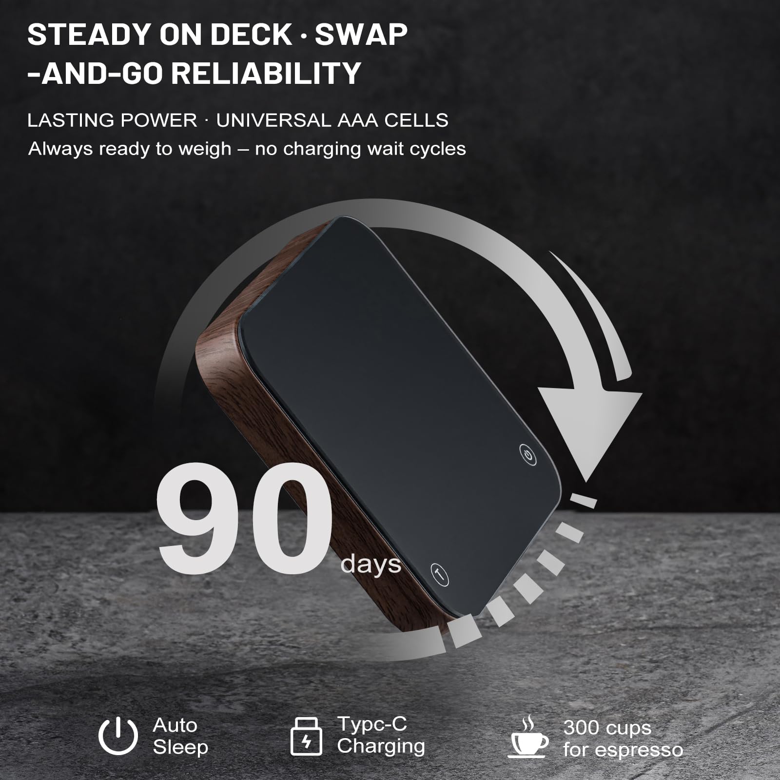 KitchenTour CaféMetric - Báscula de café con temporizador de 0,1 g/2000 g, escala pequeña de precisión para espresso y vertido, mini báscula con pantalla LED (madera, recargable)