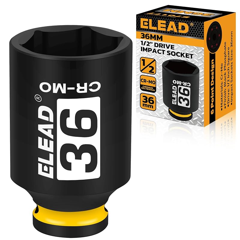Soquete de Impacto Profundo ELEAD 36 mm com Encaixe de 12,7 mm (1/2 pol.), 6 Pontas em Aço Cromo-Molibdênio, Amarelo