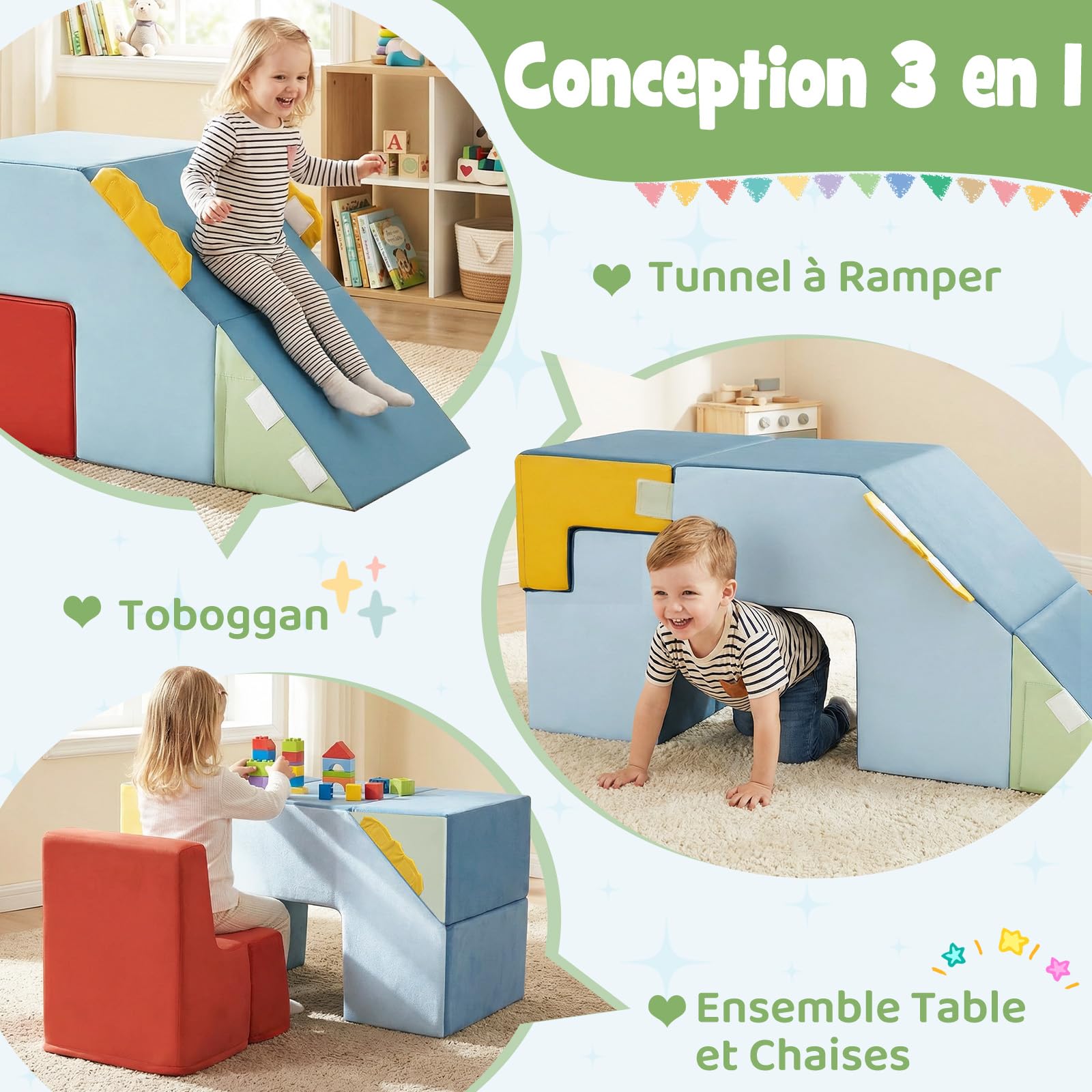 COSTWAY 3 en 1 Parcours Motricité Bébé en Mousse avec Toboggan et Échelle, Module Motricité Bébé avec Housse en Velours Lavable, Jouets Éducatifs Montessori pour Ramper Grimper pour 12 Mois+