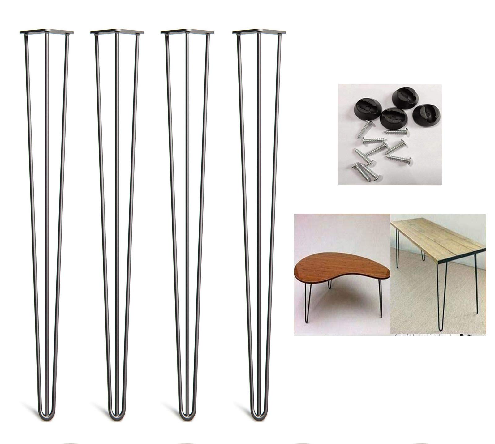 34 inch Black Hairpin Legs - 3 Rod Design 10mm Heavy Duty Metal Table Legs - Bench Legs - Furniture Legs - Mid Century Modern Style Set of 4 Easy to Install