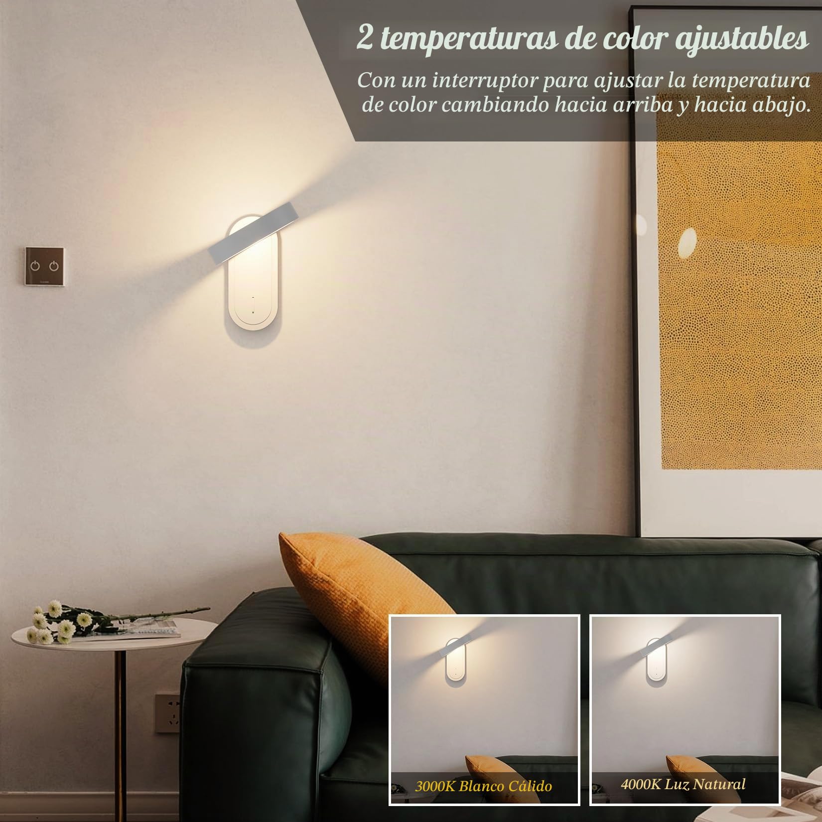 Klighten Aplique de pared Interior 5W con Interruptor 3000K/4000K, Blanco
