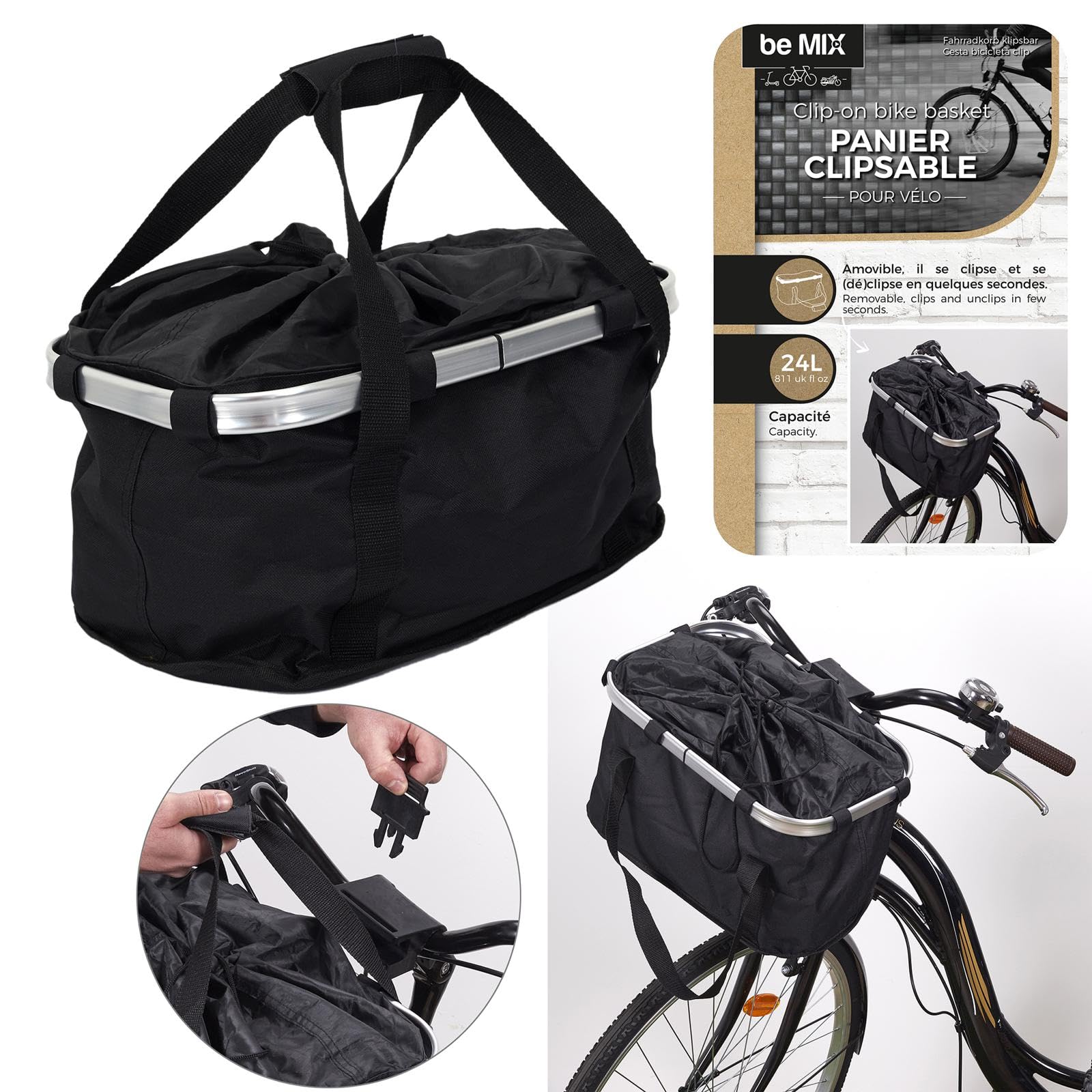Be Mix Panier de Vélo Clipsable en Polyester 24 L Noir | Polyester, clipsable, contenance 24 L, fixation vélo, loisir voyage sport, transport d'affaires, pratique, noir