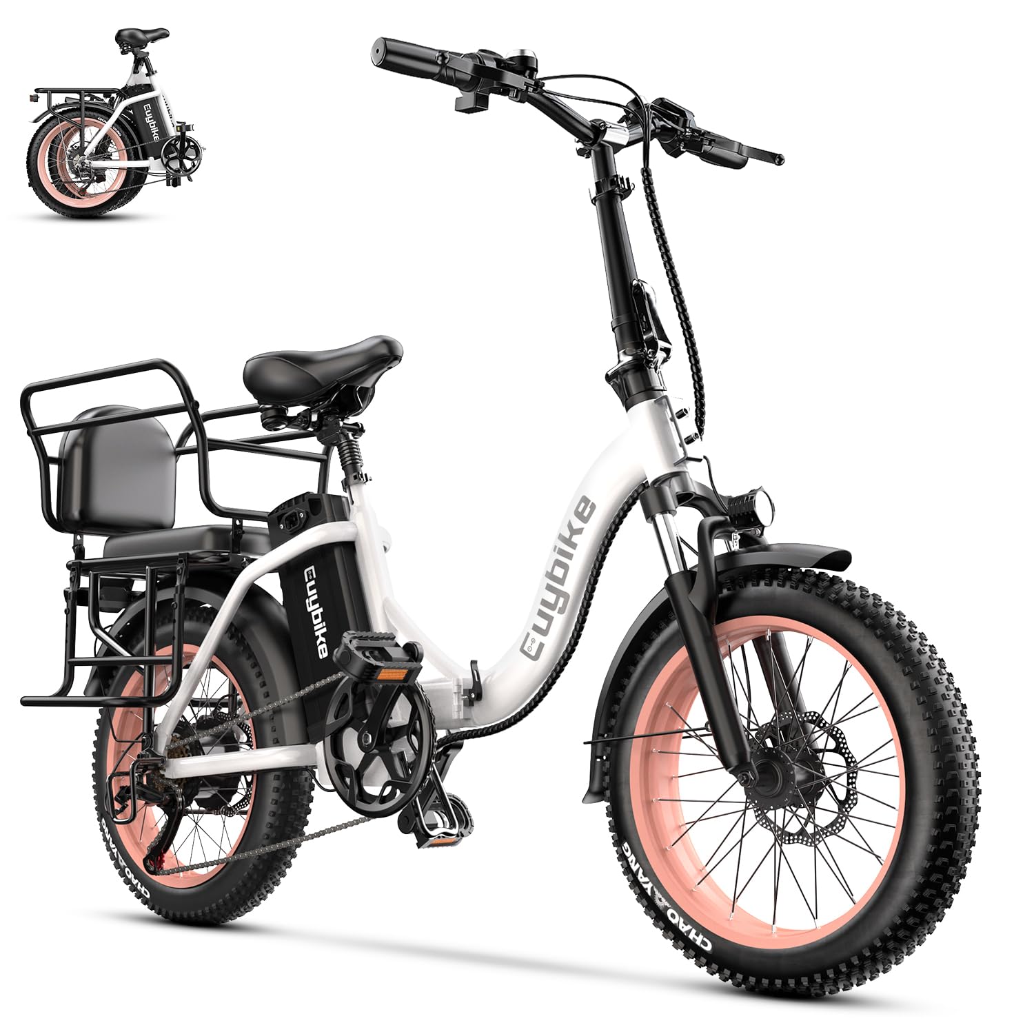 EUYBIKE Electric Bike for Adults, 20"x 3" Fat Tire Cargo Ebike with Seat, 1450W Peak 2 Seater Commute Bike with 48V 20AH Removable 960WH Battery, 80 Miles Max Range 7-Speed Step-Thru Electric Bicycle