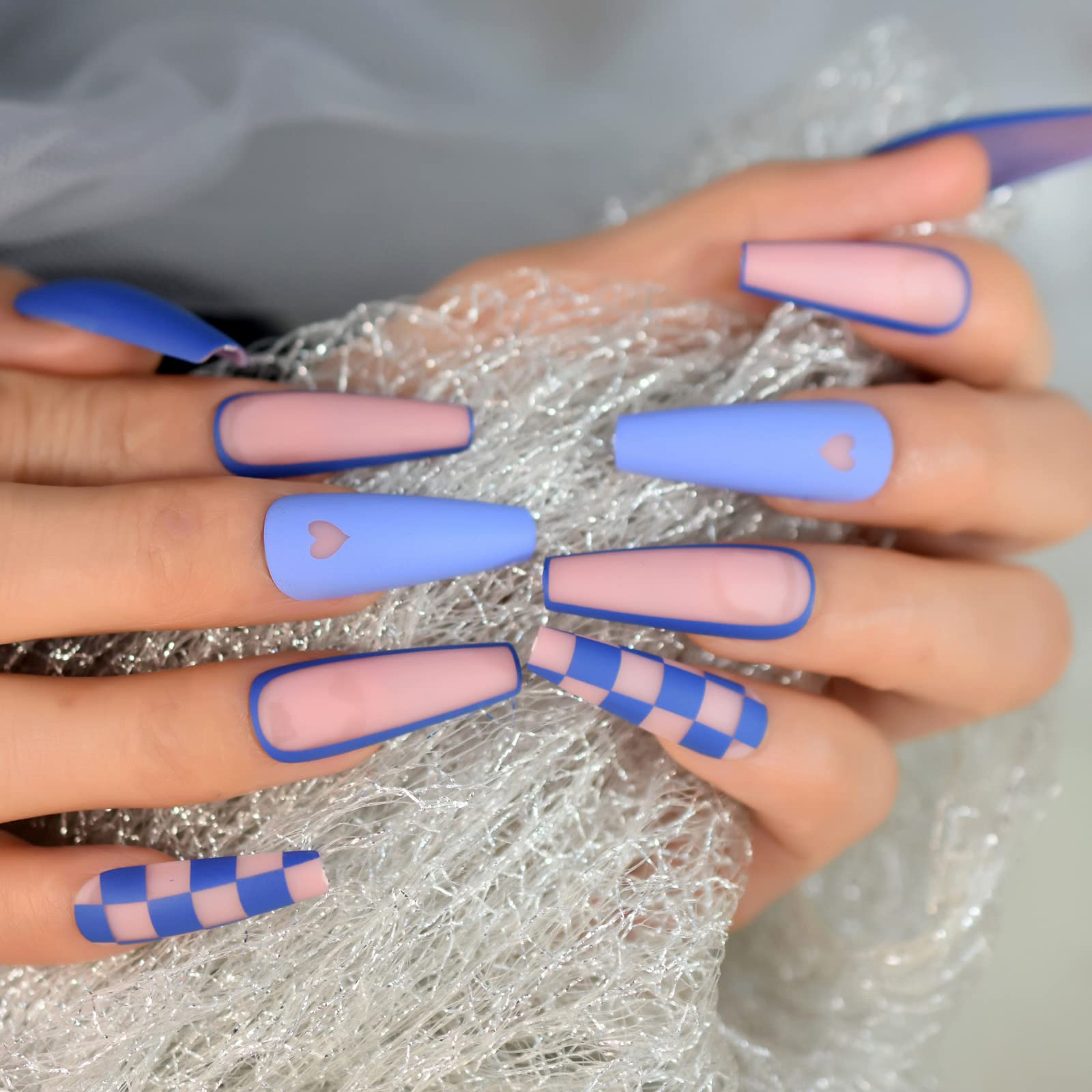 Extra Long Coffin Press-On Nails with Design Fake Nailart Tips for Women Blue Matte Reusable Acrylic Nails for