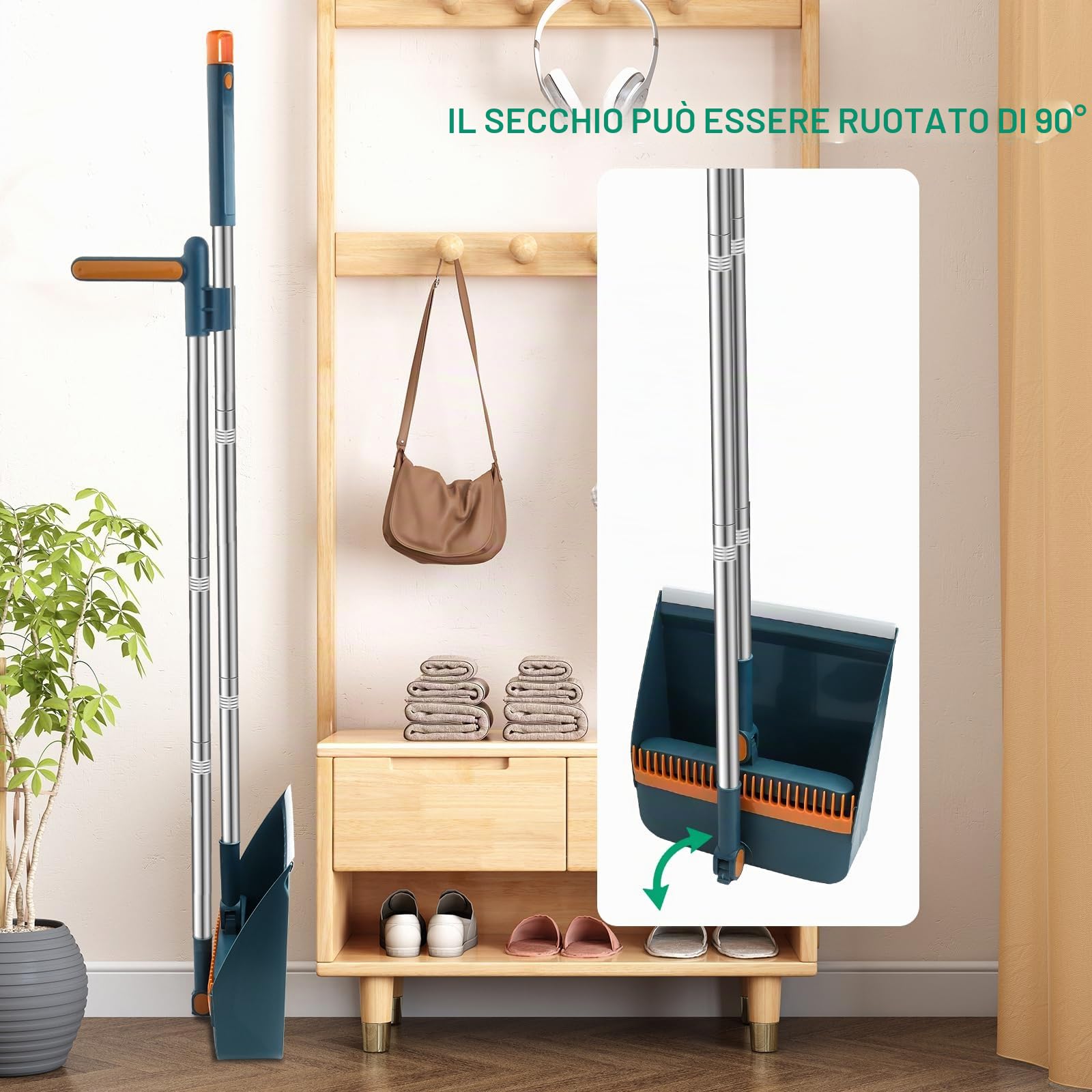 Set scopa e paletta con denti a pettine, antivento, manico lungo verticale, kit per la pulizia e la spazzatura della casa