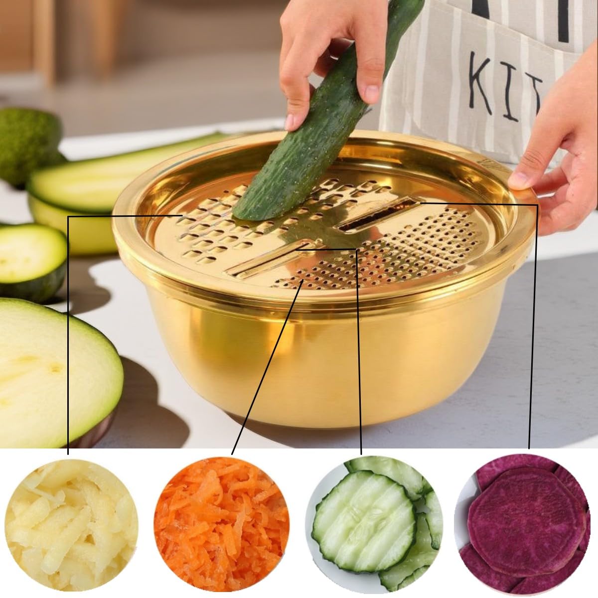 Multifunktionales Goldsieb aus Edelstahl, 3er-Set, große Kapazität, Küchensieb, Utensil zum Waschen von Gemüse, Obst und Kartoffeln, Karottenreibe