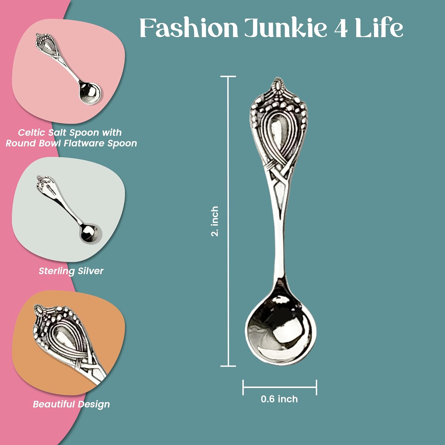 FashionJunkie4Life Sterling Silver Miniature Spoon | Small Novelty Utensil with Celtic Handle & Round Bowl | 2” Salt or Mustard Spoon
