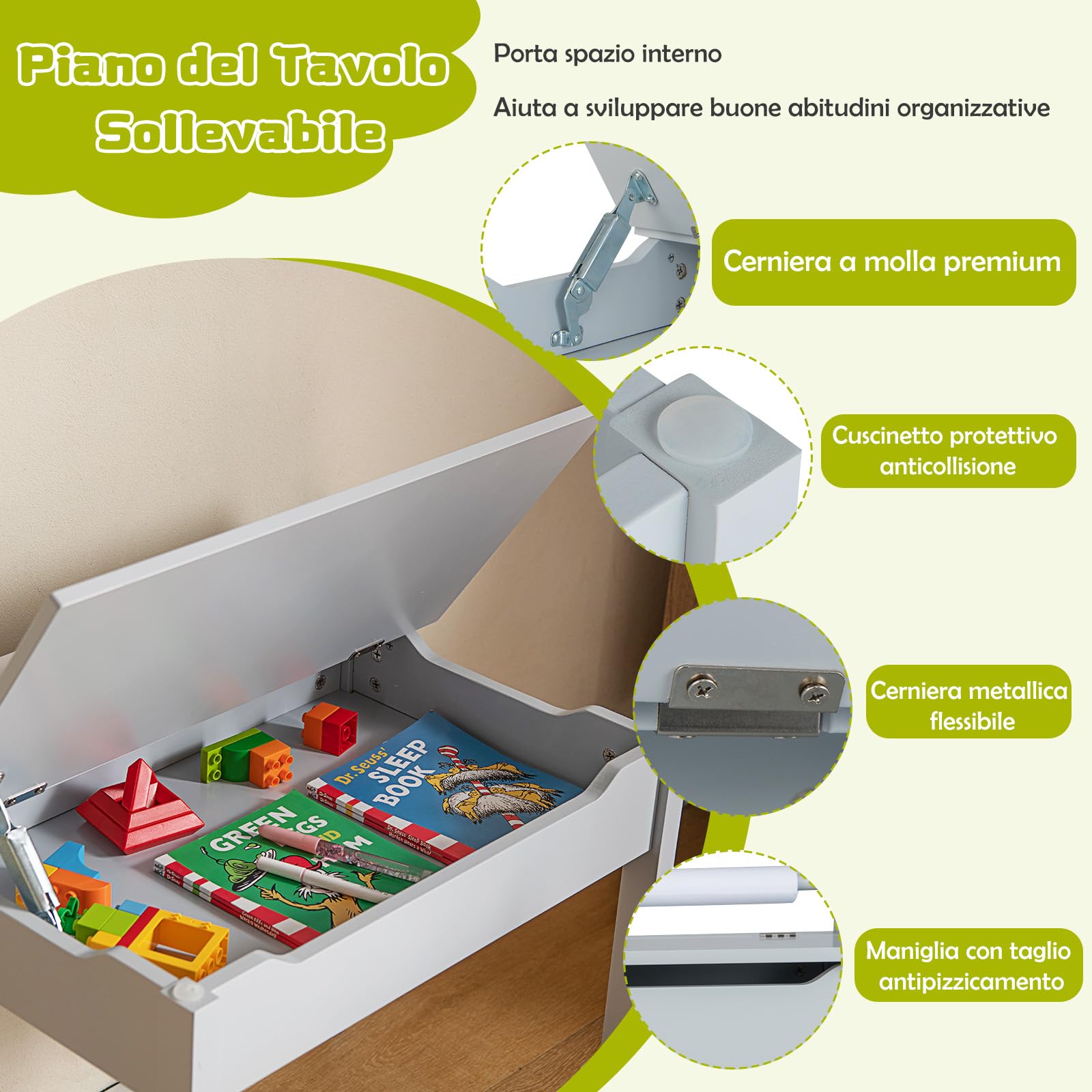 Set Tavolo E Sedia Per Bambini GYMAX - Con Rotolo Di Carta - Scrivania Con Archiviazione - Legno Di Pino - Grigio - Foto 5